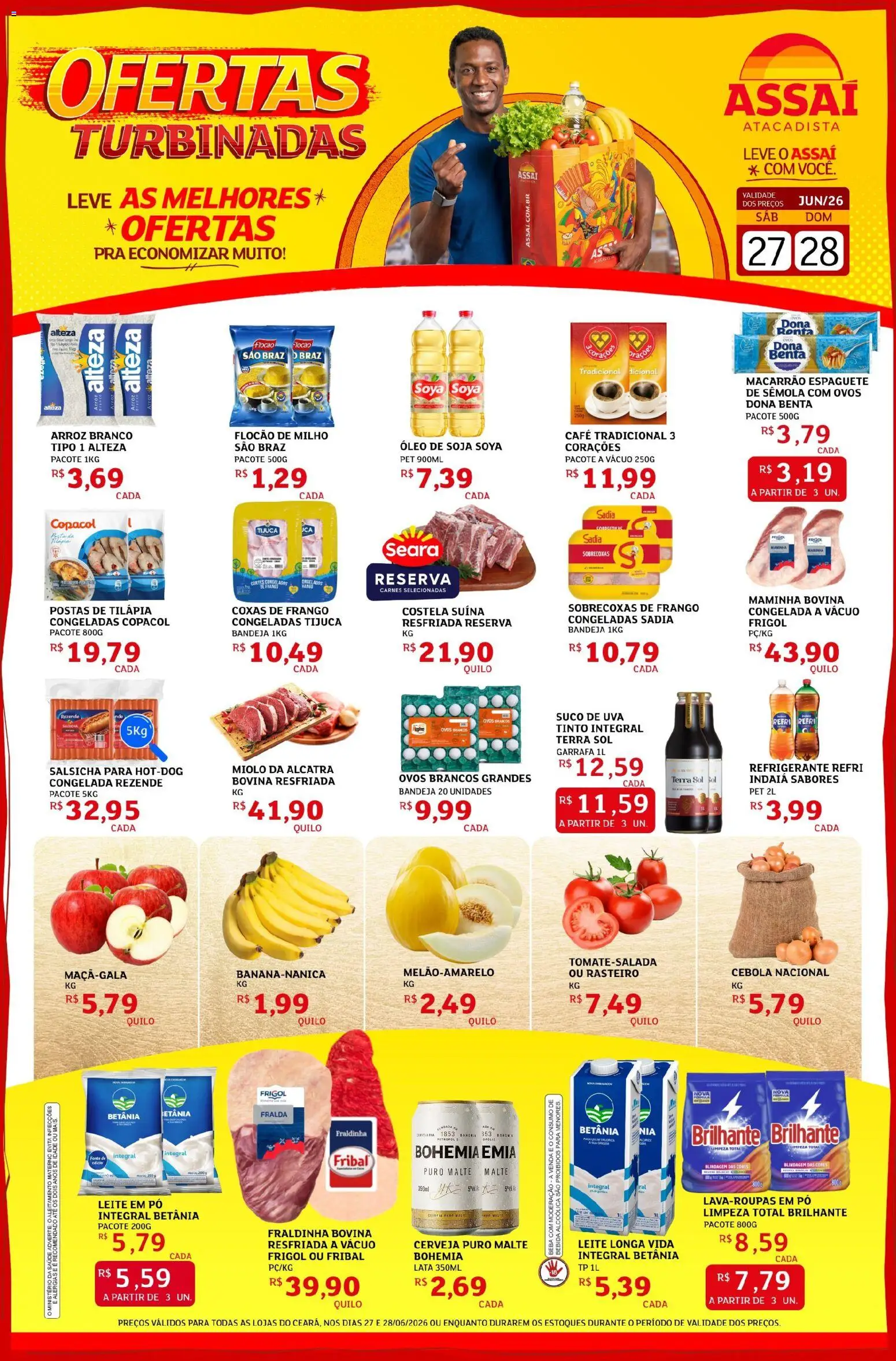 Pré-Visualização do folheto "Assaí Atacadista ofertas - CE" da loja Assaí Atacadista válido a partir de 27/06/2026 - Macarrão, Ovos, Bebida, Frango, Suco, Alcatra, Maminha, Leite longa vida