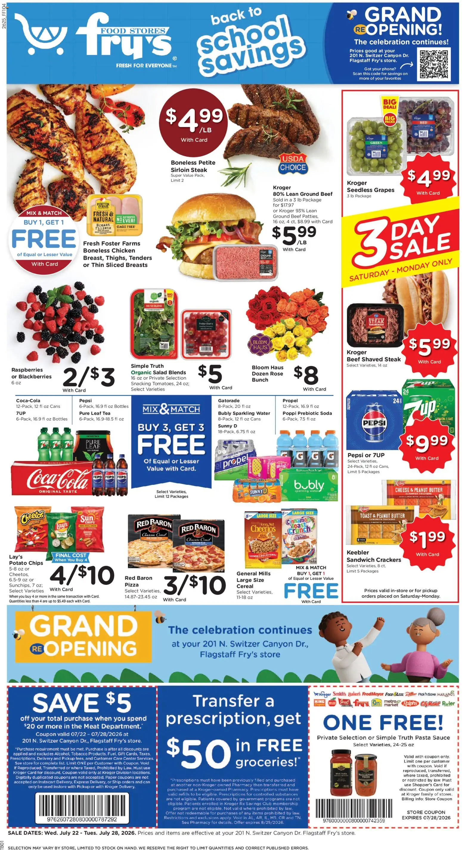 Ad Preview of Fry's Food Fry's Food Weekly Ad from 07/22/2026 - Salad, Chips, Phone, Pepsi, Raspberries, Ground beef, Sauce, Chicken