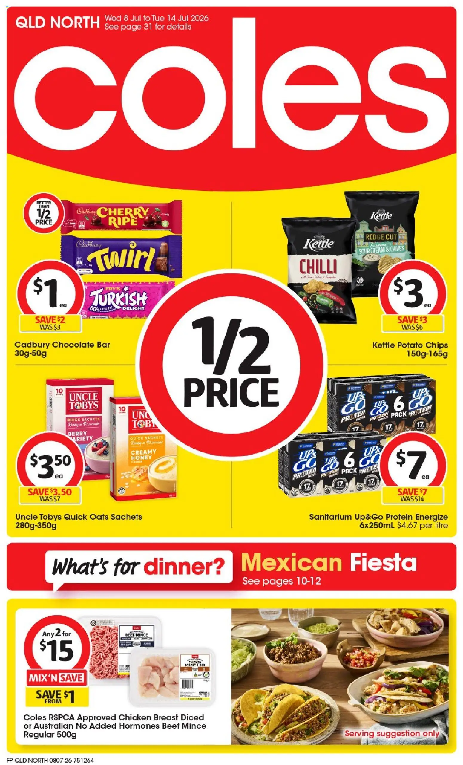 Preview of catalogue Coles catalogue QLD North from shop Coles valid 08/07/2026 - Honey, Chicken breast, Sour cream, Beef, Oats, Chips, Cream, Kettle
