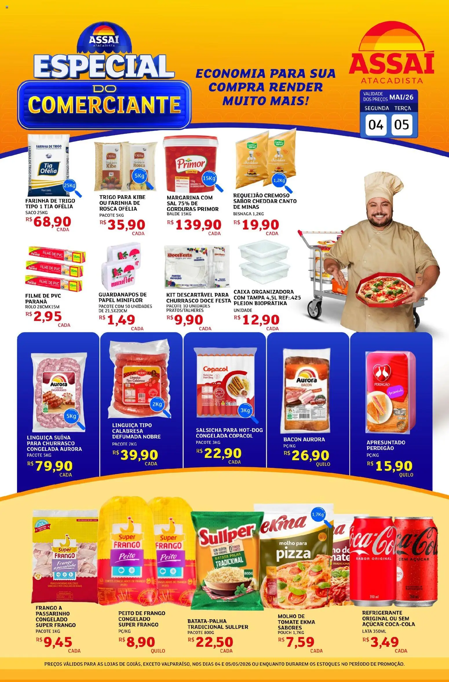 Pré-Visualização do folheto "Assaí Atacadista ofertas - GO" da loja Assaí Atacadista válido a partir de 04/05/2026 - Sal, Batata, Frango, Açúcar, Cheddar, Peito de frango, Farinha, Balde