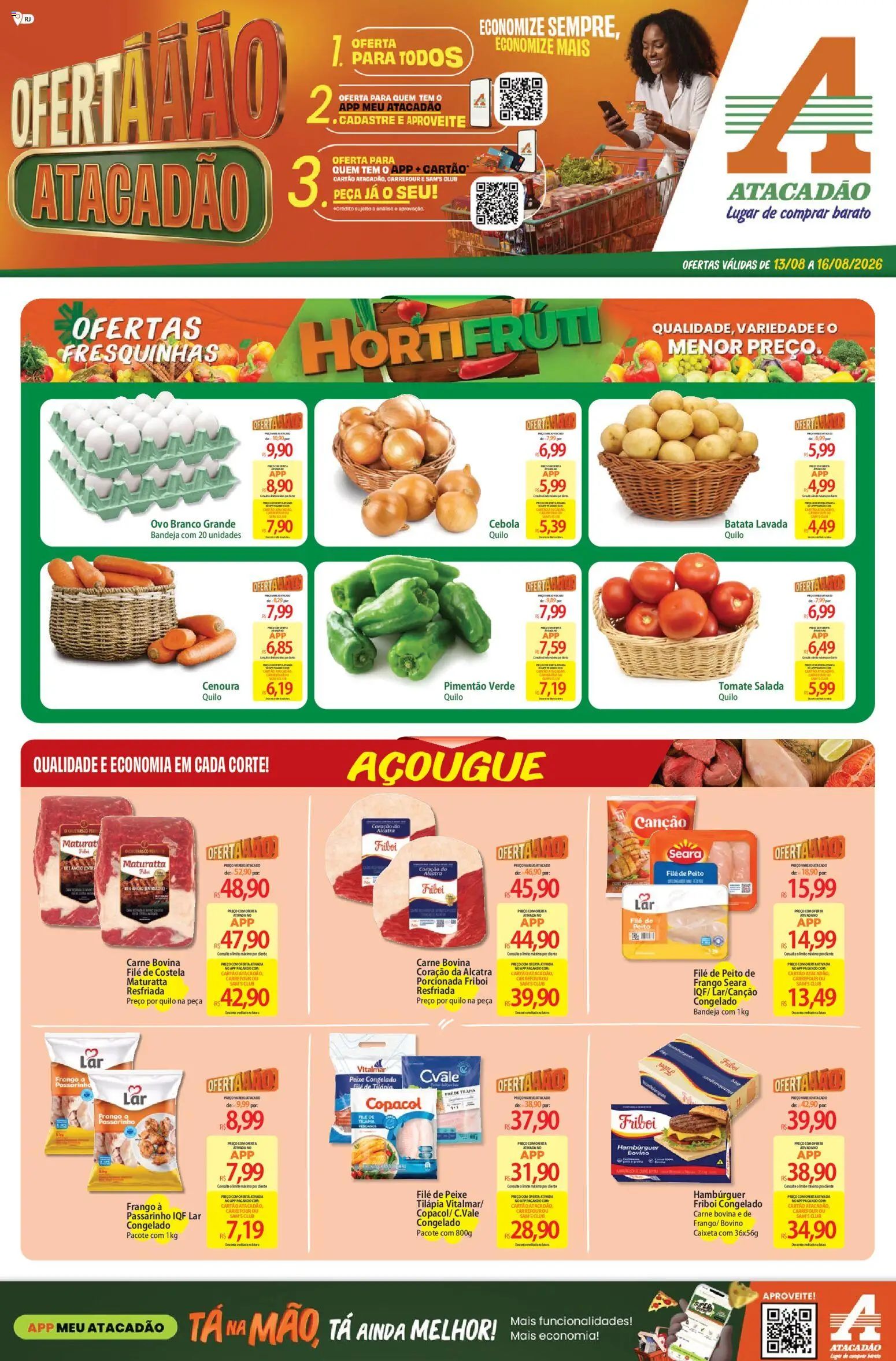 Pré-Visualização do folheto "Atacadão ofertas - RJ" da loja Atacadão válido a partir de 13/08/2026 - Frango, Cenoura, Salada, Cebola, Alcatra, Bandeja, Filé de peixe, Filé de costela
