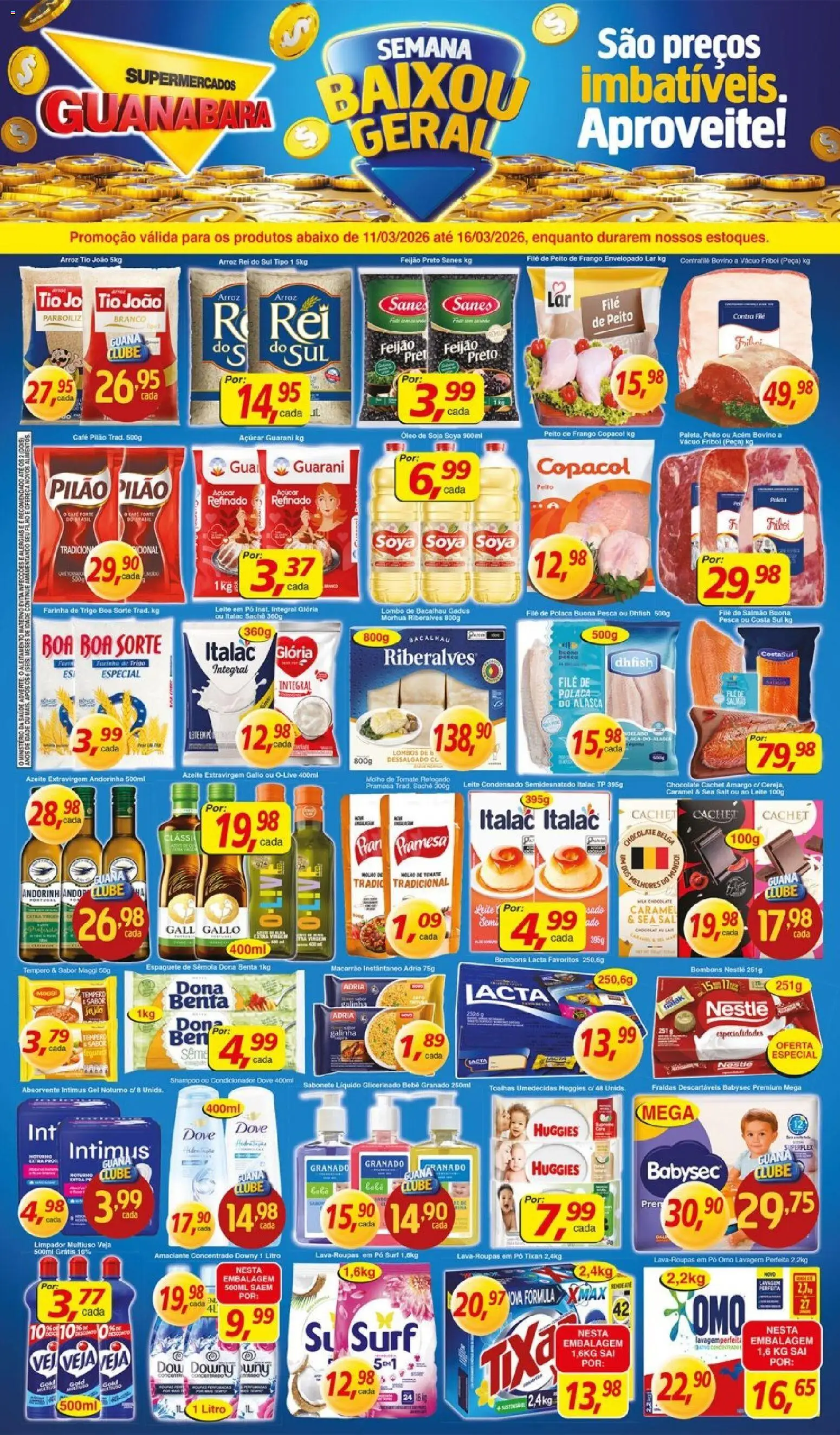 Pré-Visualização do folheto "Guanabara promoção" da loja Supermercados Guanabara válido a partir de 11/03/2026 - Fraldas, Roupas, Óleo, Açúcar, Peito de frango, Alimentos, Amaciante, Molho de tomate
