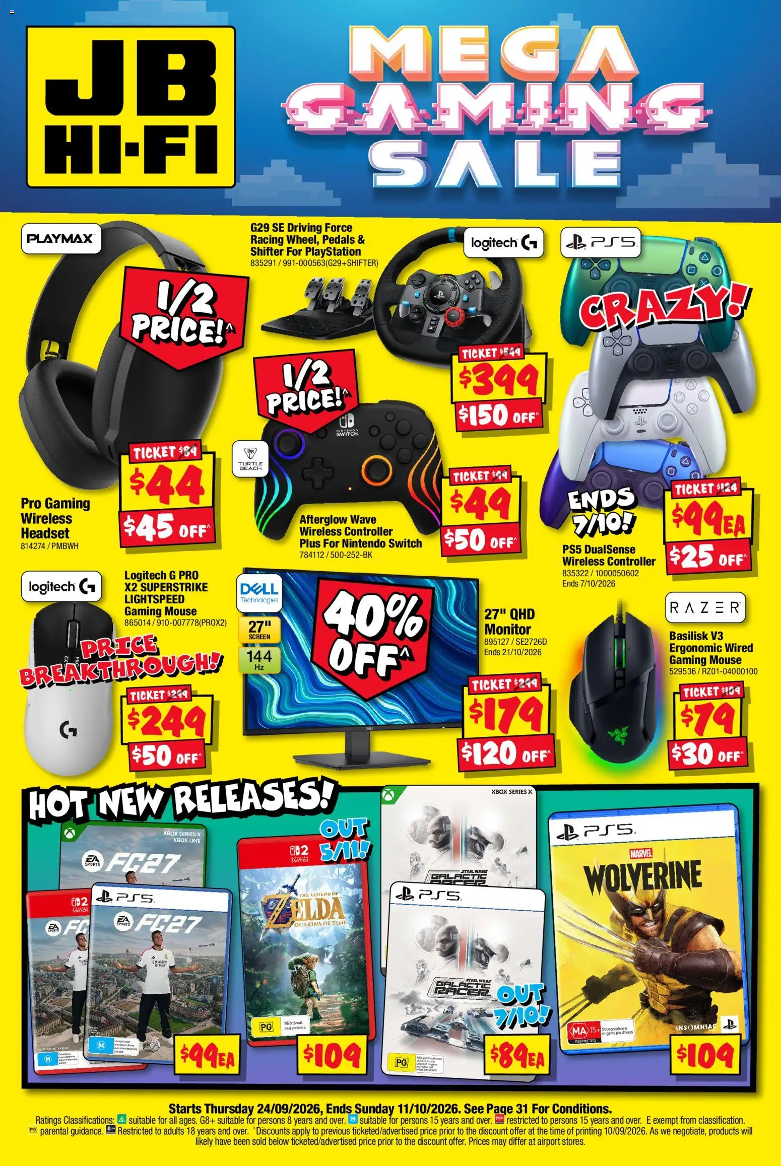 Preview of catalogue JB Hi-Fi catalogue Mega Gaming Sale from shop JB Hi-Fi valid 24/09/2026 - Nintendo Switch, Ergonomic, Controller, Monitor, Mouse, Headset, Playstation, Xbox