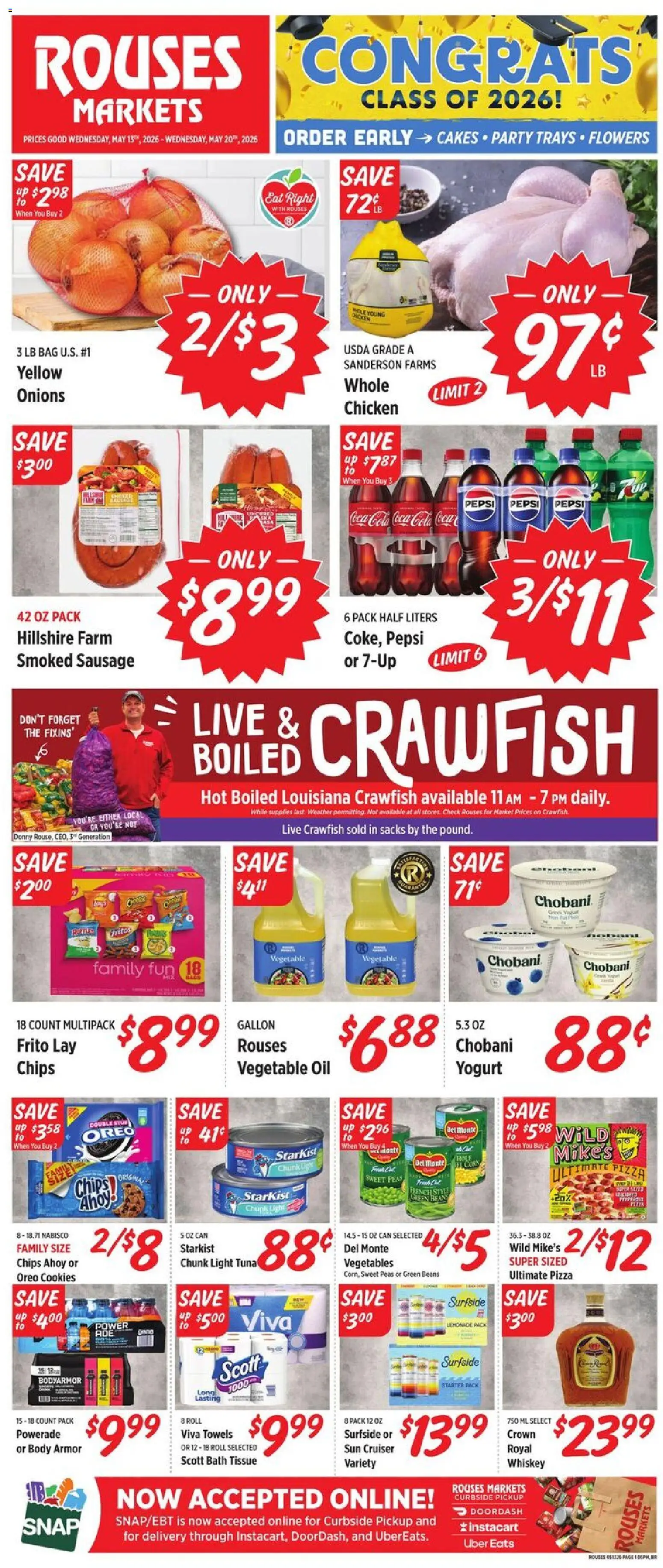 Ad Preview of Rouses Rouses Weekly Ad from 05/13/2026 - Pizza, Chips, Pepsi, Oil, Oreo, Greek yogurt, Beans, Bath