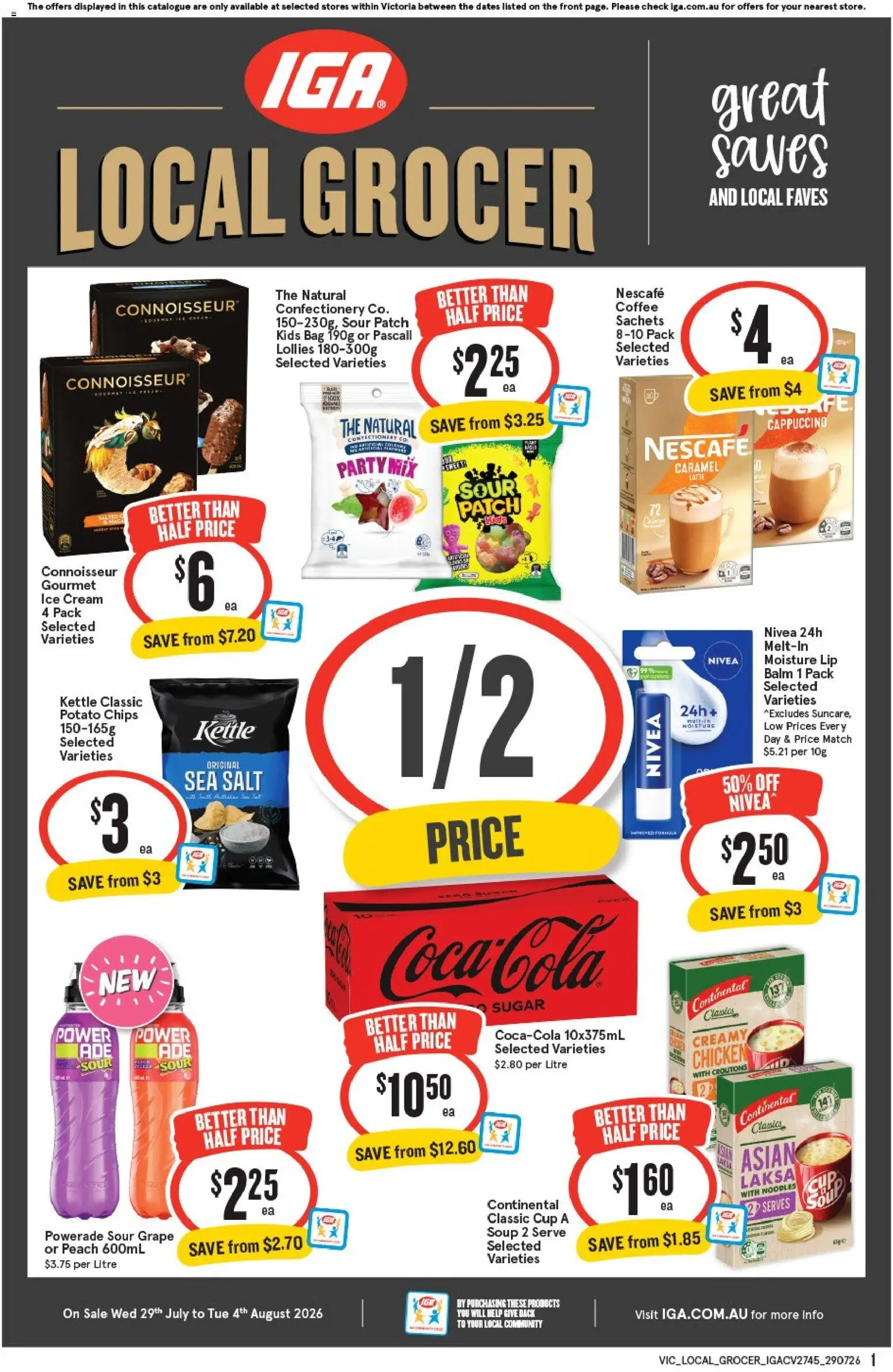 Preview of catalogue IGA Local Grocer VIC from shop IGA valid 29/07/2026 - Noodles, Lollies, Chips, Sachets, Ice cream, Soup, Peach, Nescafe