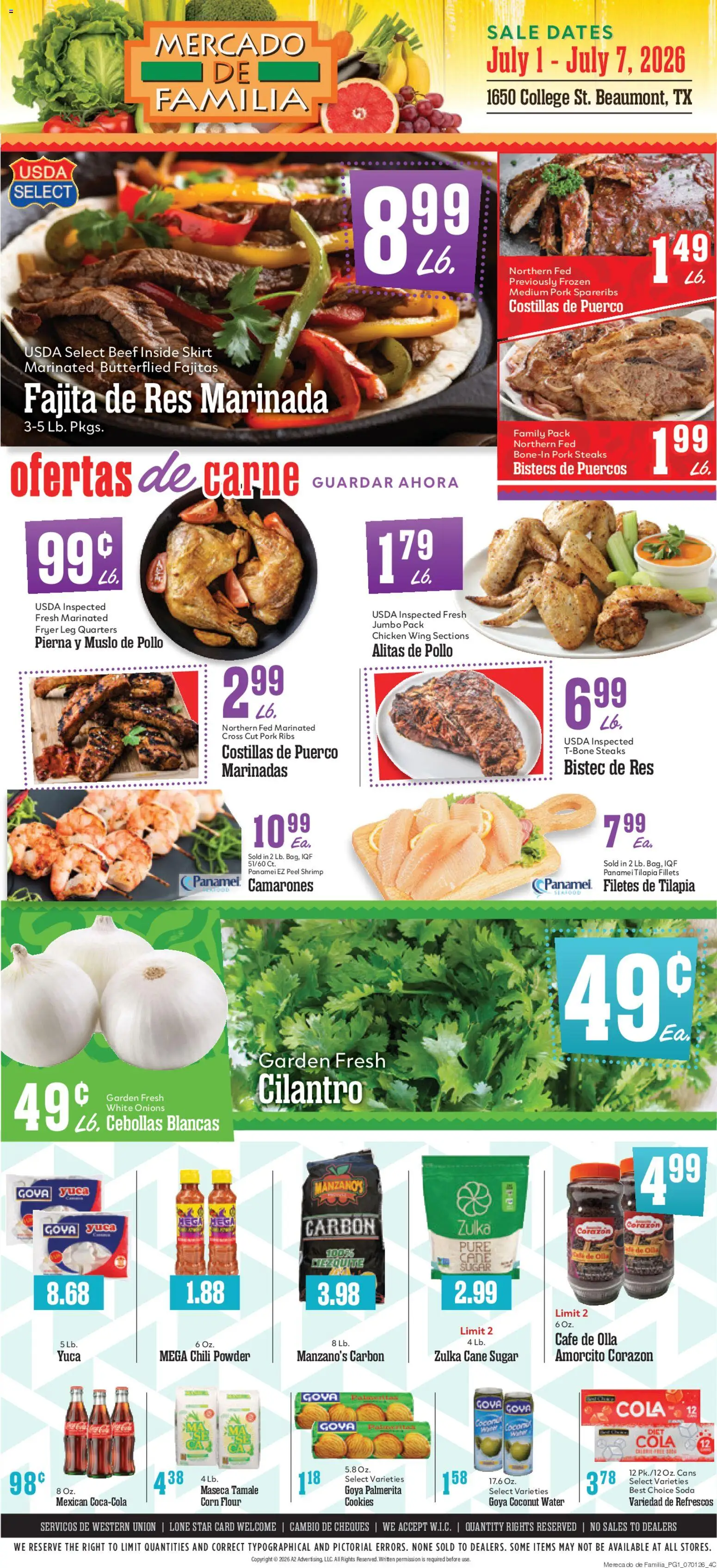 Ad Preview of Market Basket Market Basket Mercado de Familia from 07/01/2026 - Chili, Shrimp, Tilapia, Sugar, Pork, Powder, Pork ribs, Cane sugar