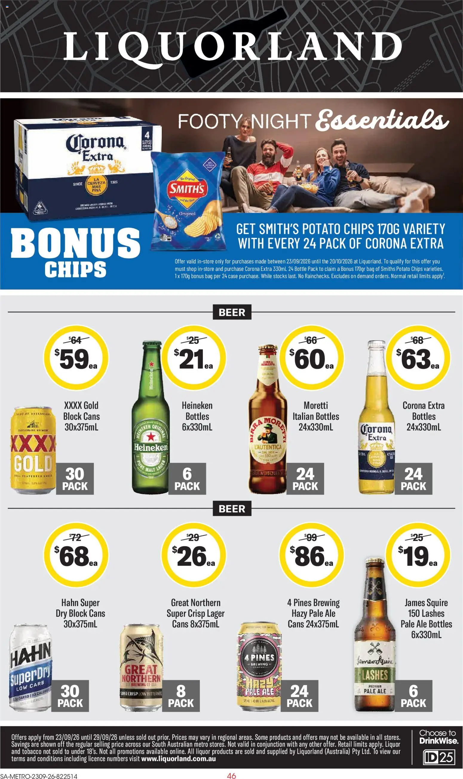 Preview of catalogue Liquorland catalogue TAS from shop Liquorland valid 23/09/2026 - Corona Extra, Heineken, Beer, Chips, Case, Bag