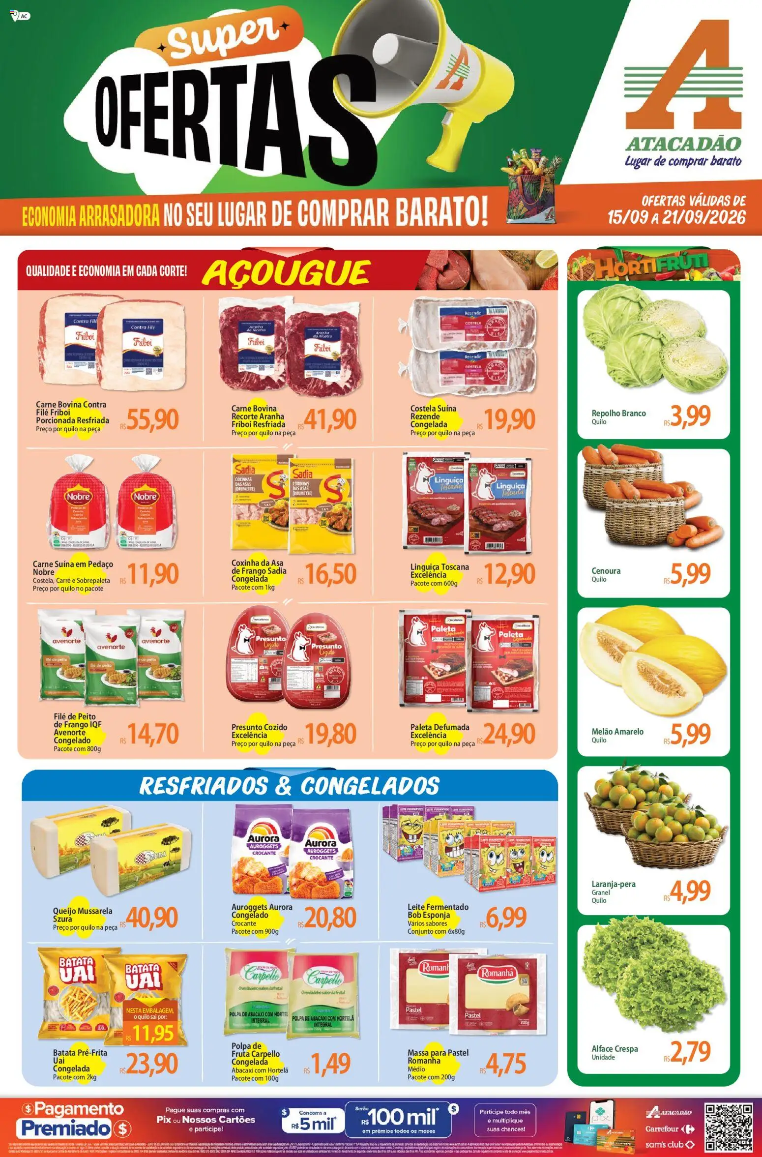 Pré-Visualização do folheto "Atacadão ofertas - AC" da loja Atacadão válido a partir de 15/09/2026 - Abacaxi, Carne, Frango, Alface, Peito de frango, Presunto, Esponja, Repolho branco