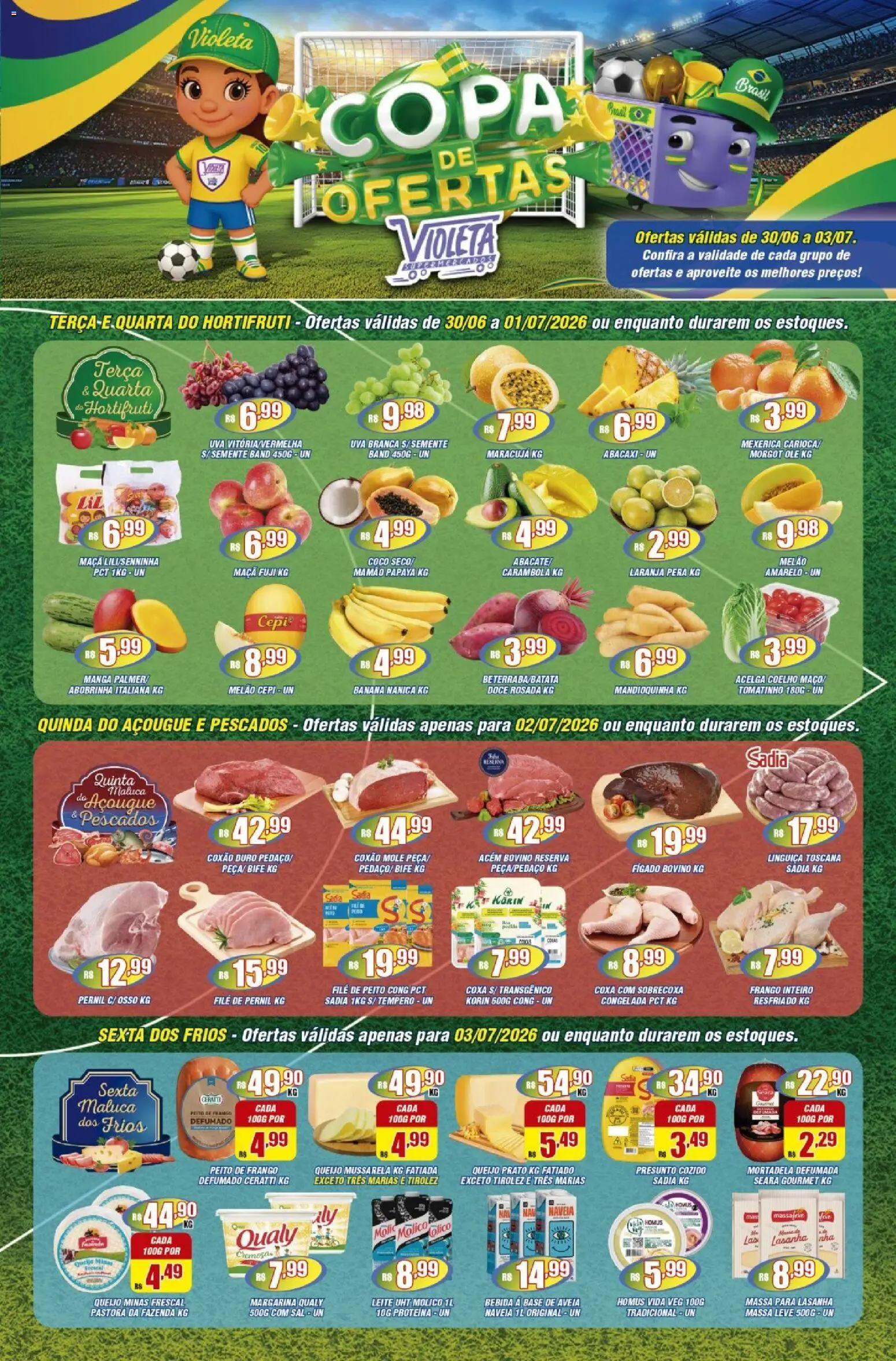 Pré-Visualização do folheto "Violeta Supermercados - Ofertas da semana" da loja Violeta Supermercados válido a partir de 30/06/2026 - Coelho, Lasanha, Abobrinha, Massa, Aveia, Pernil, Melão, Frango inteiro