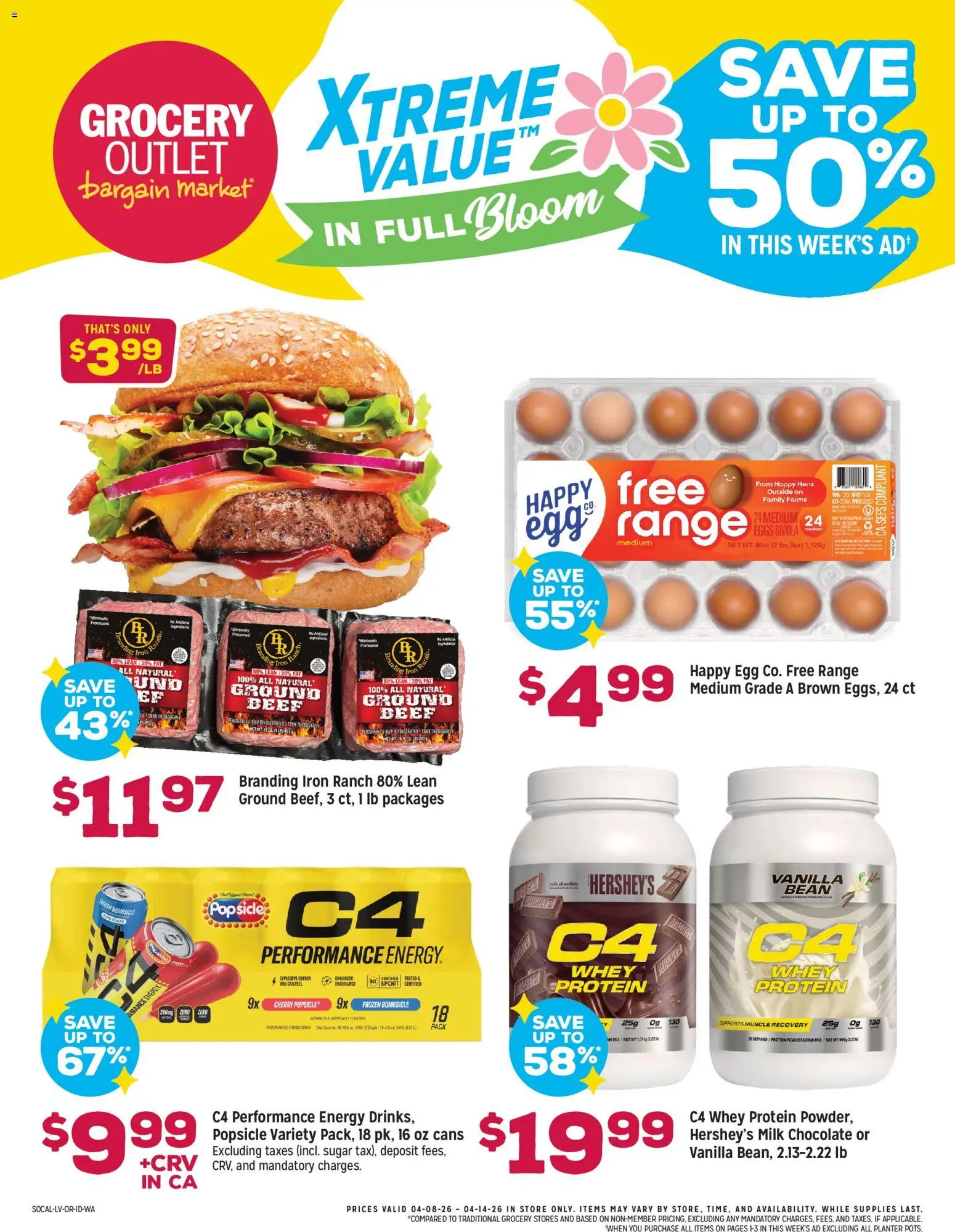 Ad Preview of Grocery Outlet Grocery Outlet Weekly Ad - CA from 04/08/2026 - Chocolate, Eggs, Milk, Sugar, Whey protein, Beef, Vanilla, Medium eggs