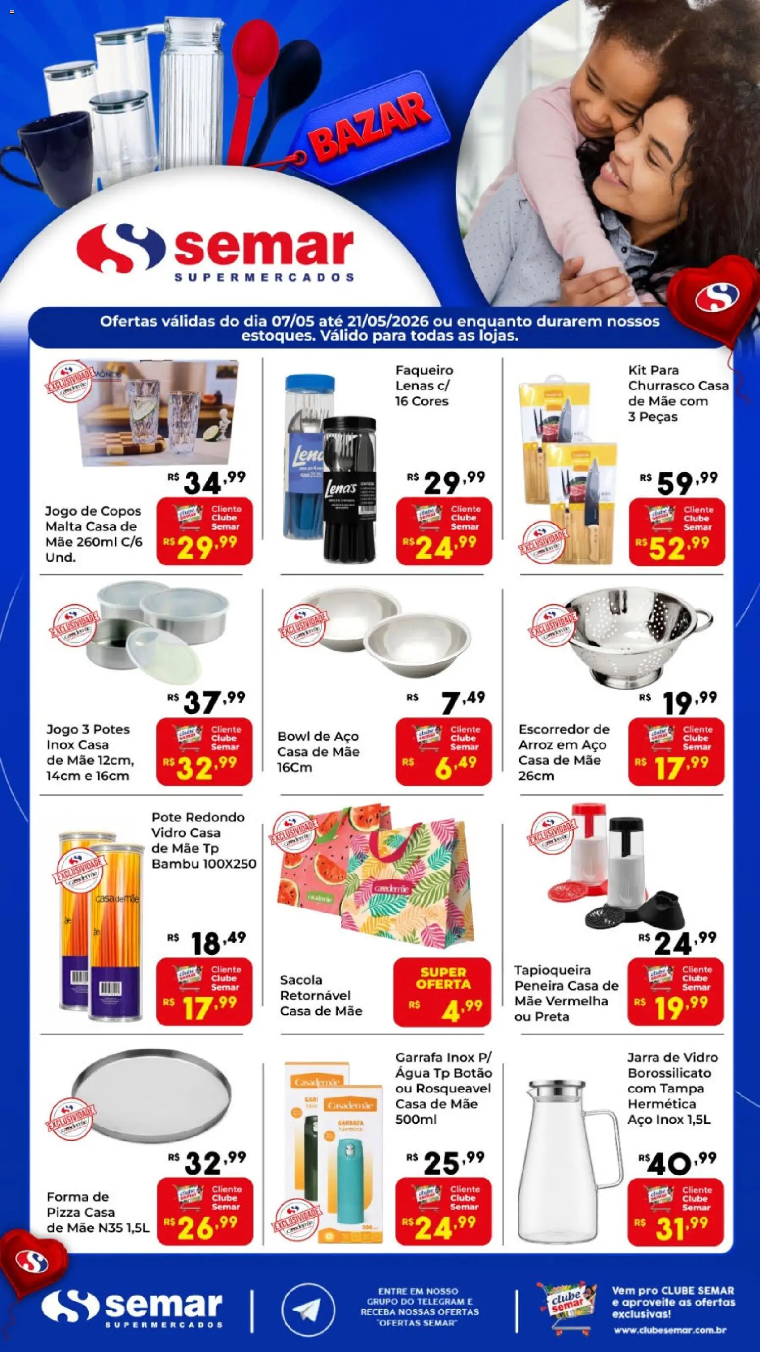 Pré-Visualização do folheto "Semar Supermercado ofertas Bazar" da loja Semar Supermercado válido a partir de 07/05/2026 - Pizza, Água, Arroz, Copos, Peneira, Sacola, Escorredor, Potes