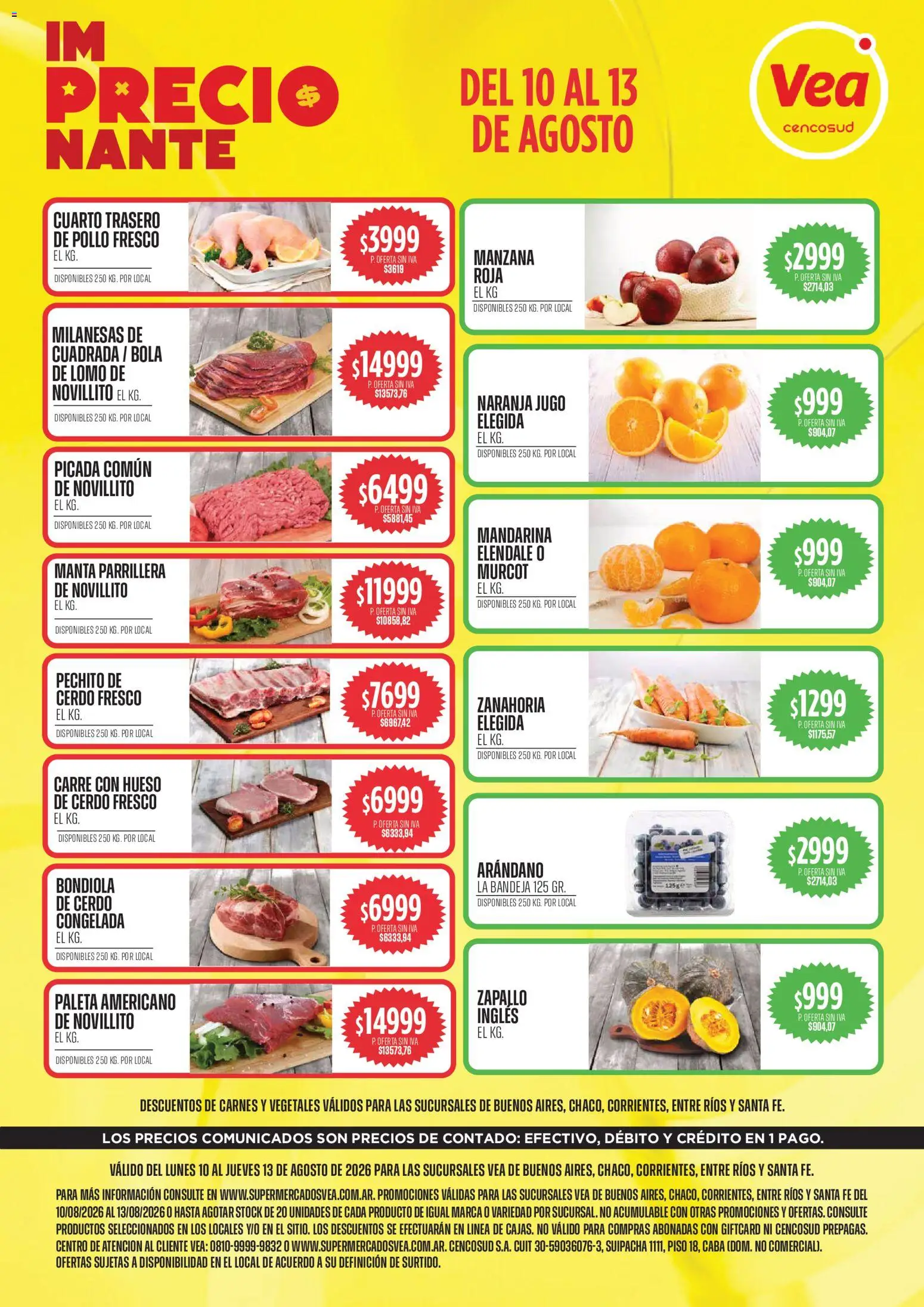 Vista previa del folleto de la tienda Vea válido desde el 10/08/2026 - Milanesas, Zapallo, Manzana, Lomo, Zanahoria, Jugo, Paleta, Bandeja
