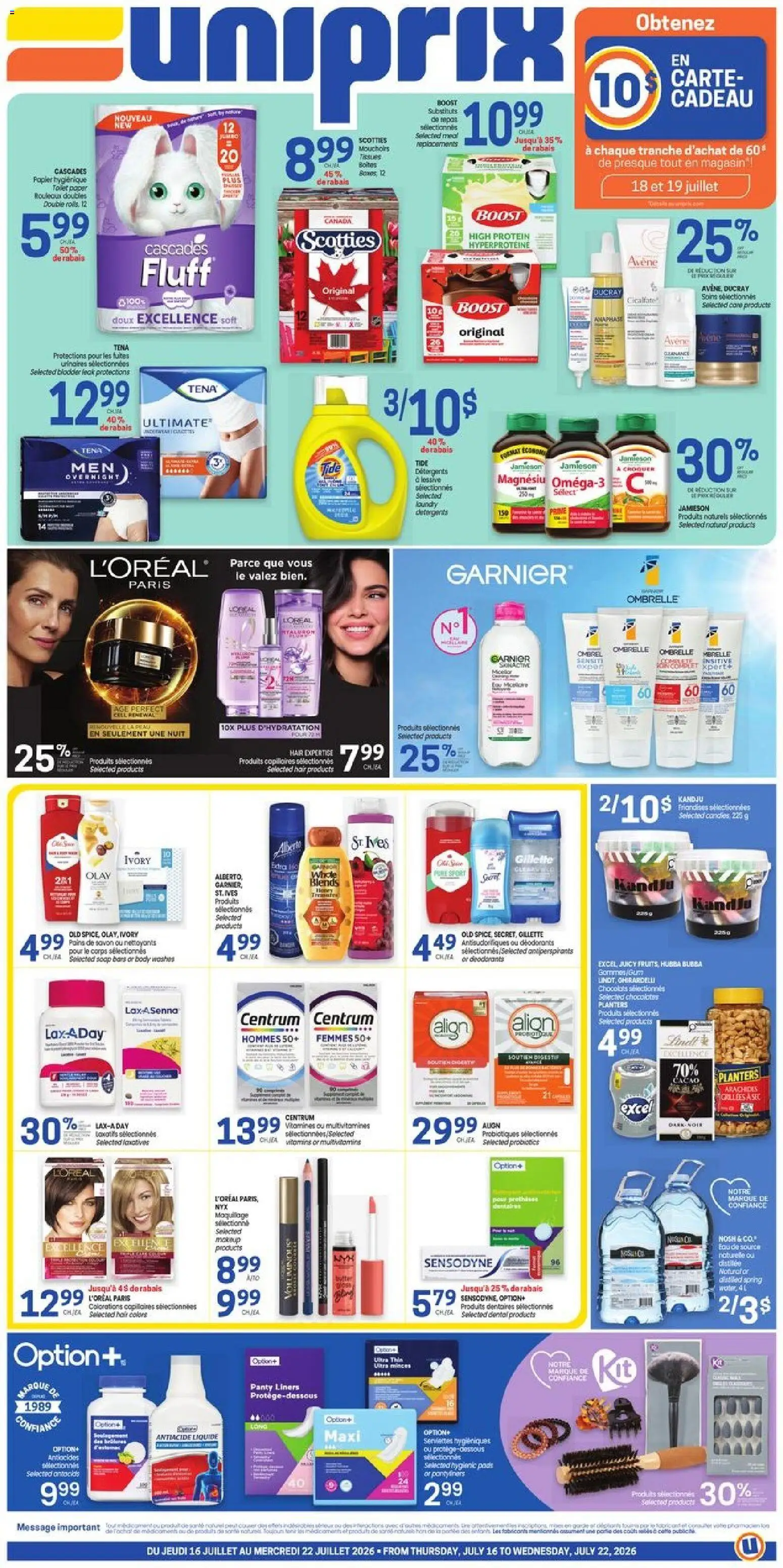 Preview of leaflet Uniprix weekly flyer / circulaire from shop Uniprix is valid from Jul 16, 2026 - Probiotics, Protein, Toilet paper, Panty liners