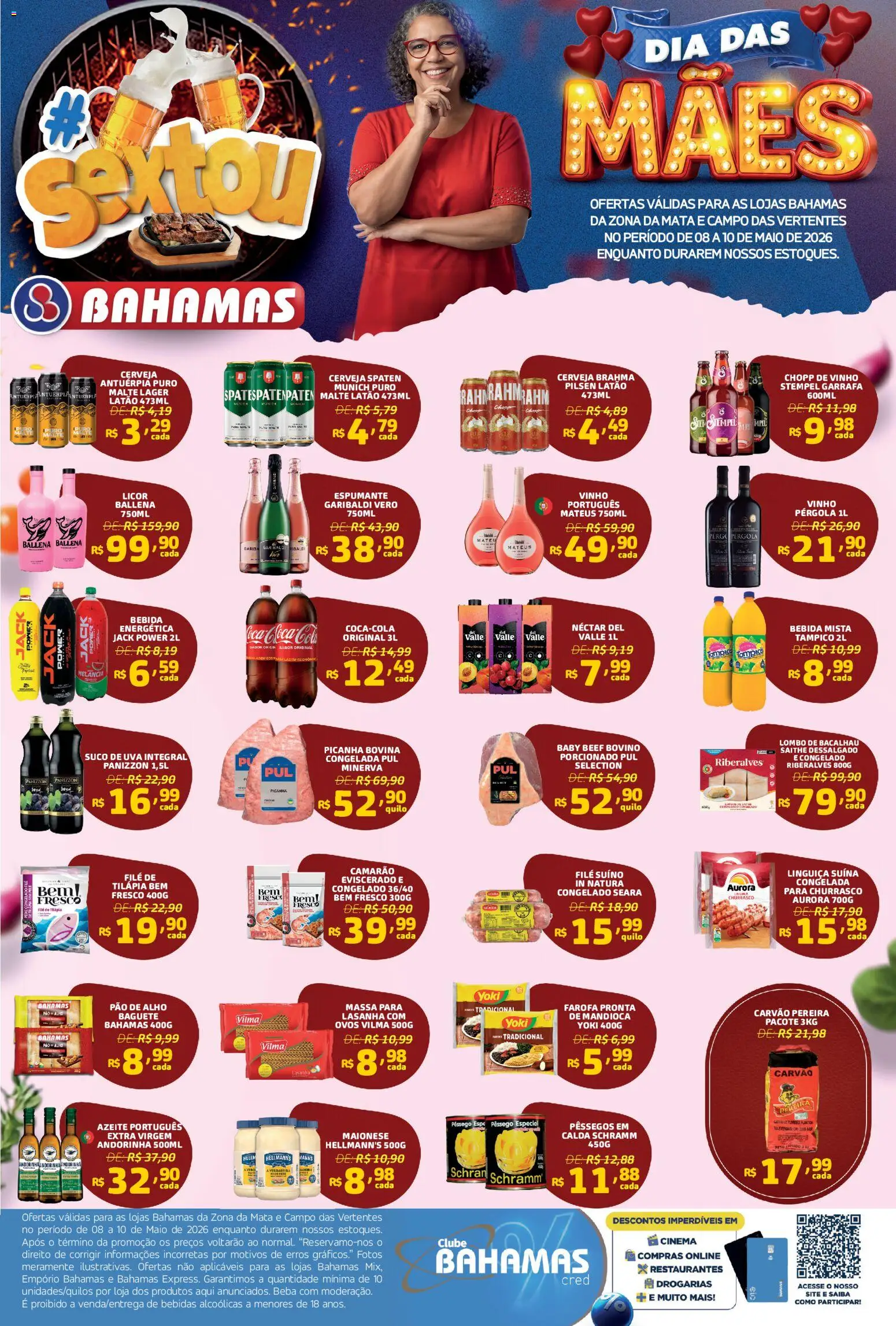 Pré-Visualização do folheto "Bahamas Supermercados ofertas Sextou " da loja Bahamas Supermercados válido a partir de 08/05/2026 - Peixe, Vinho, Lasanha, Melancia, Azeite, Pêssego, Cola, Bebida energética