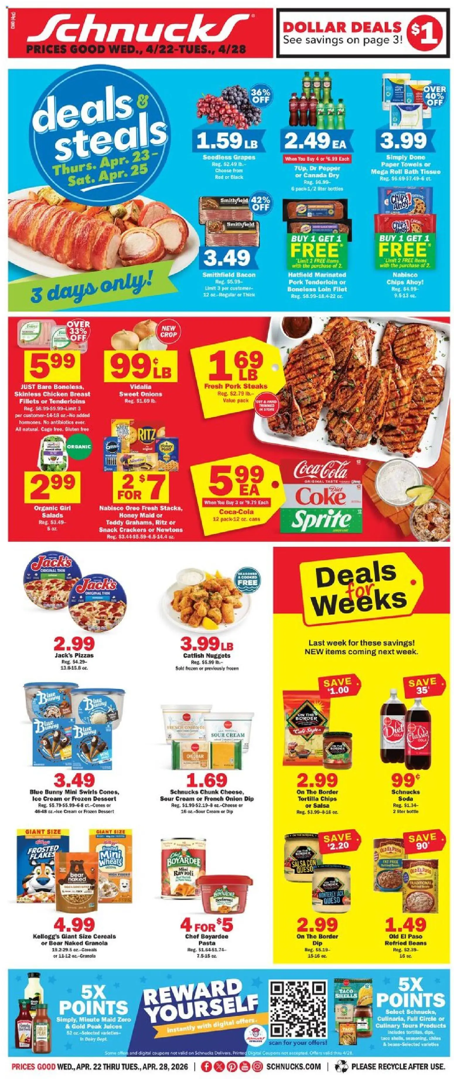 Ad Preview of Schnucks Schnucks Weekly Ad from 04/22/2026 - Oreo, Bacon, Beans, Crackers, Pork, Pork tenderloin, Paper towels, Filet
