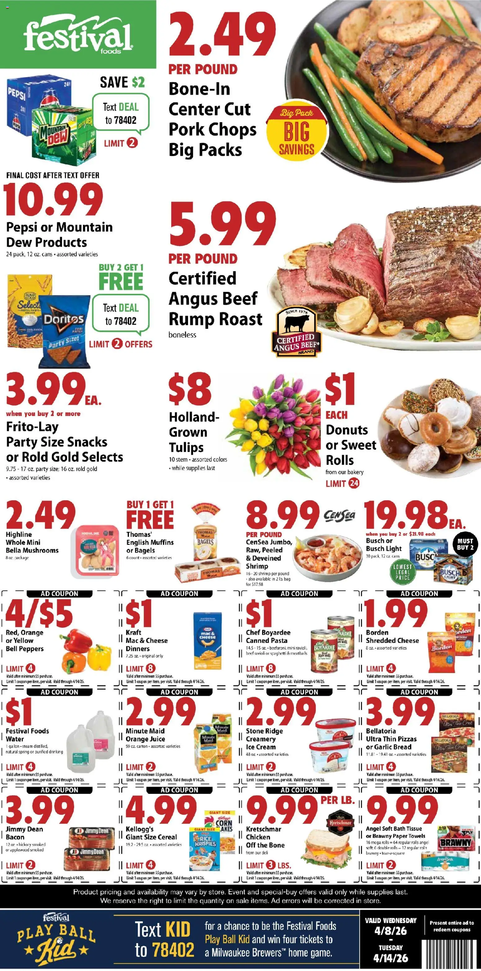 Ad Preview of Festival Foods Festival Foods Weekly Ad from 04/08/2026 - Water, Snacks, Tulips, Bread, Shrimp, Garlic, Muffins, Chicken