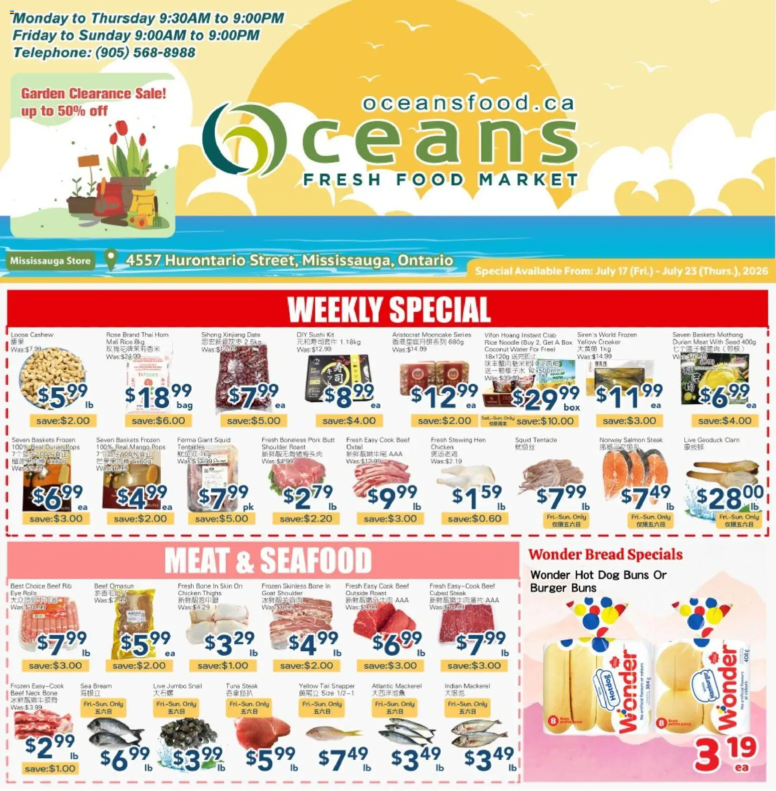 Preview of leaflet Oceans weekly flyer - Mississauga from shop Oceans is valid from Jul 17, 2026 - Chicken, Seafood, Bread, Meat, Beef, Chicken thighs, Cashew, Beef neck
