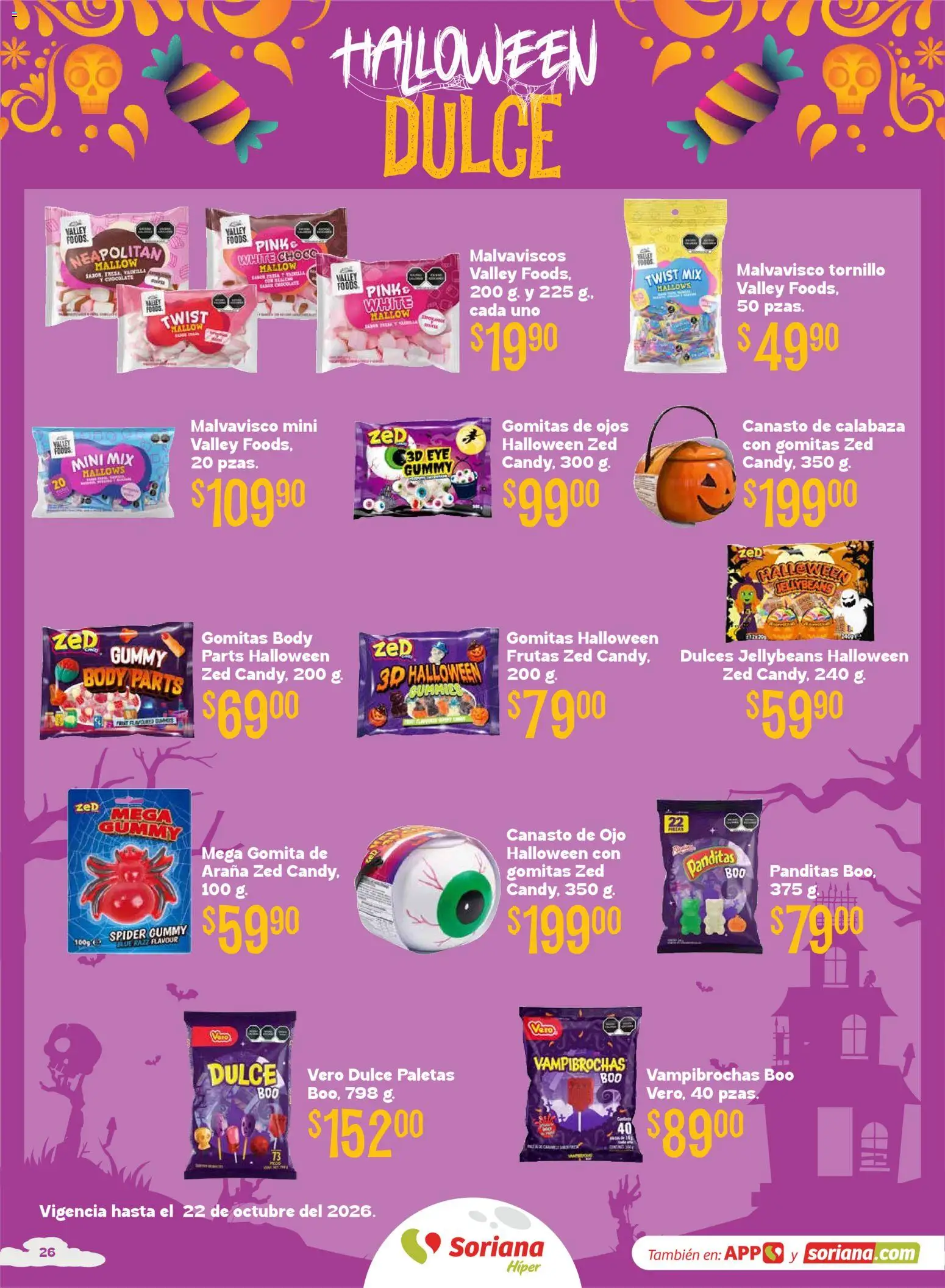 Vista previa las ofertas de la tienda Soriana - Soriana Híper - Halloween y Día de muertos desde el 01/10/2026 - Chocolate, Gomitas, Dulces, Dulce, Calabaza, Body, Paletas, Tornillo