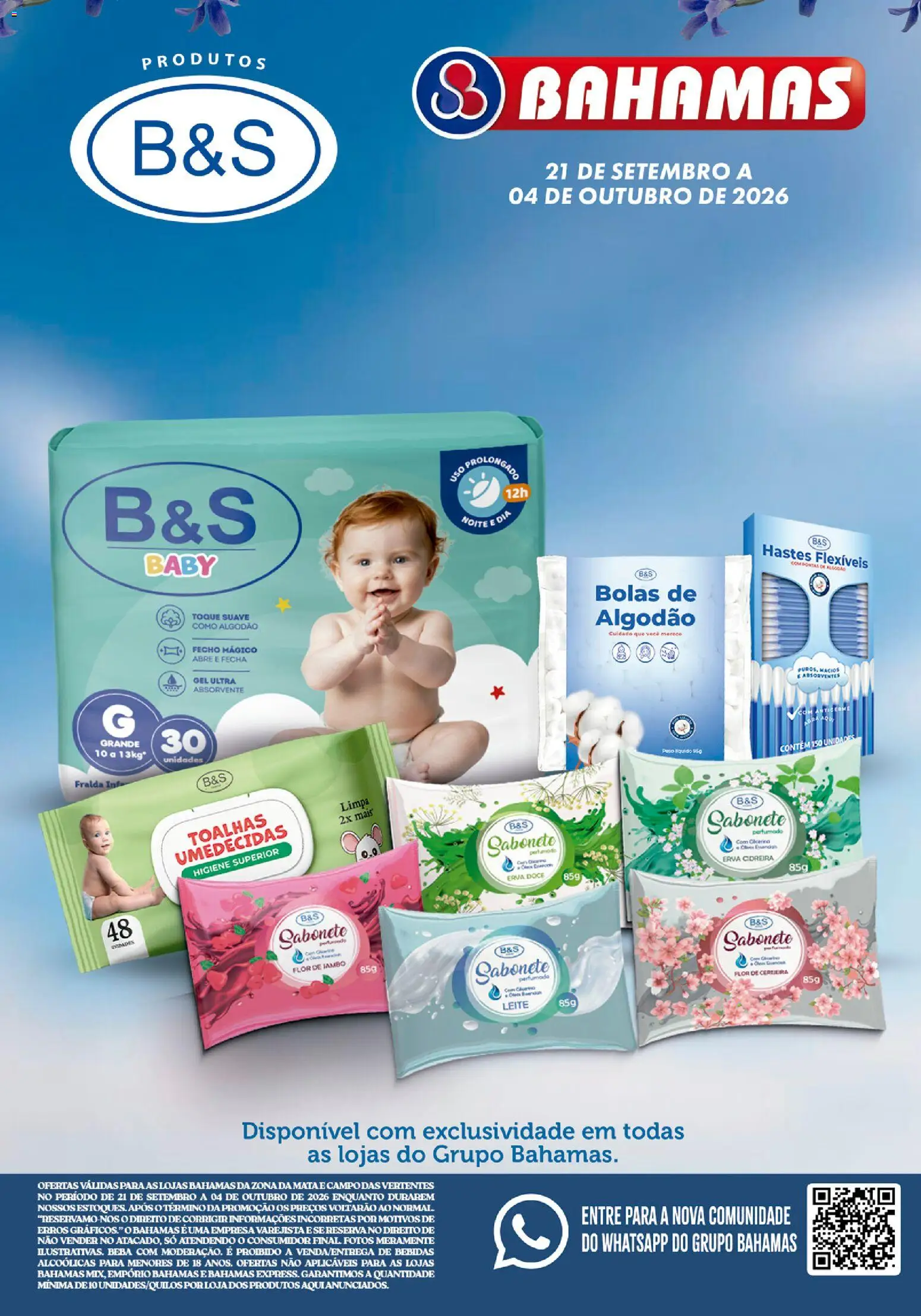 Pré-Visualização do folheto "Bahamas Supermercados - Ofertas da semana" da loja Bahamas Supermercados válido a partir de 21/09/2026 - Absorvente, Bebidas, Leite, Sabonete, Doce, Algodão