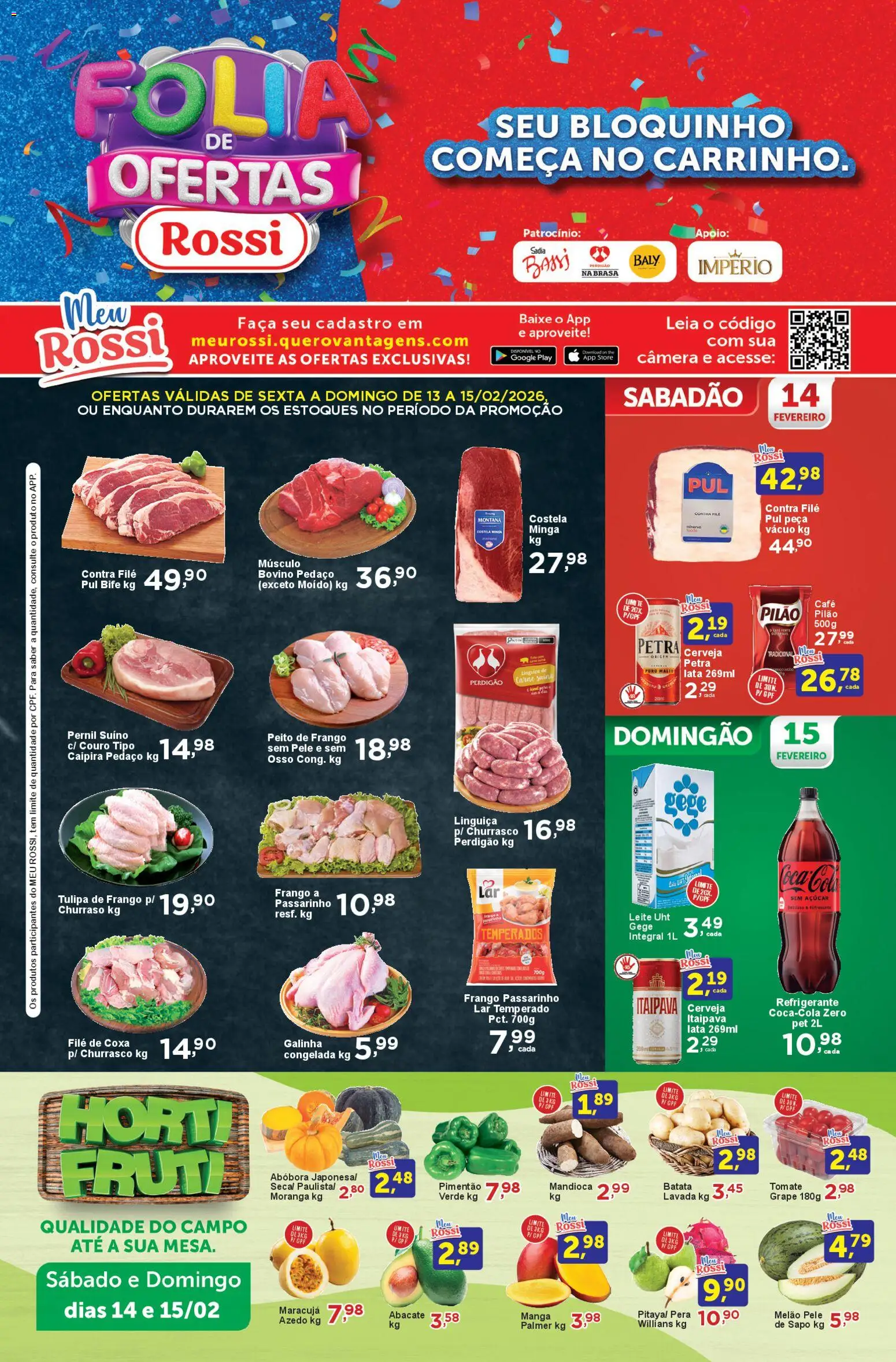 Pré-Visualização do folheto "Rossi Supermercados ofertas Fim de semana" da loja Rossi Supermercados válido a partir de 13/03/2026 - Café, Manga, Abóbora, Leite, Pera, Refrigerante, Peito de frango, Pimentão