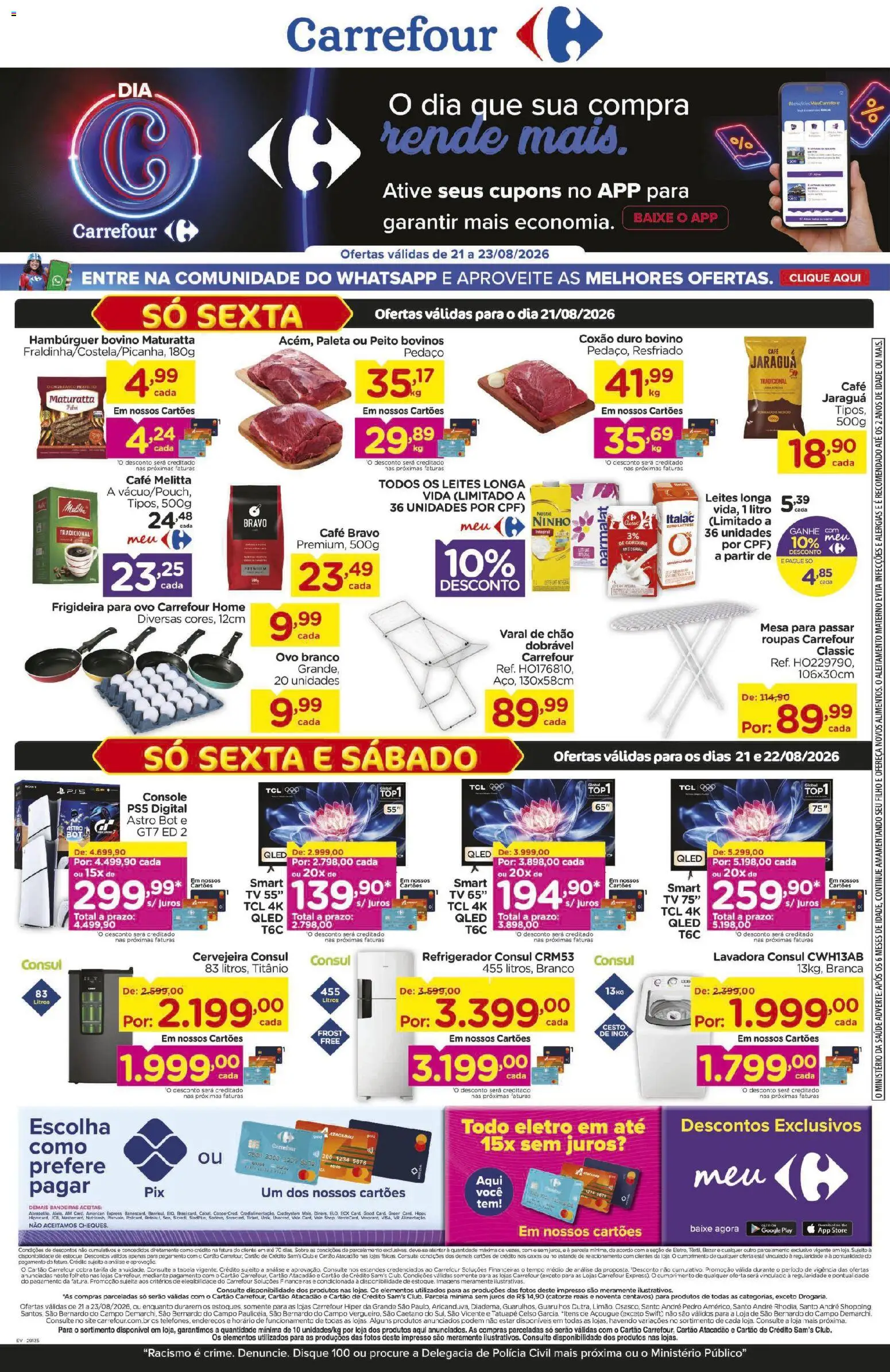 Pré-Visualização do folheto "Carrefour ofertas Dia C" da loja Carrefour válido a partir de 21/08/2026 - Café, Hambúrguer, Mesa, Cervejeira, Varal de chão, Roupas, Frigideira, Coxão duro