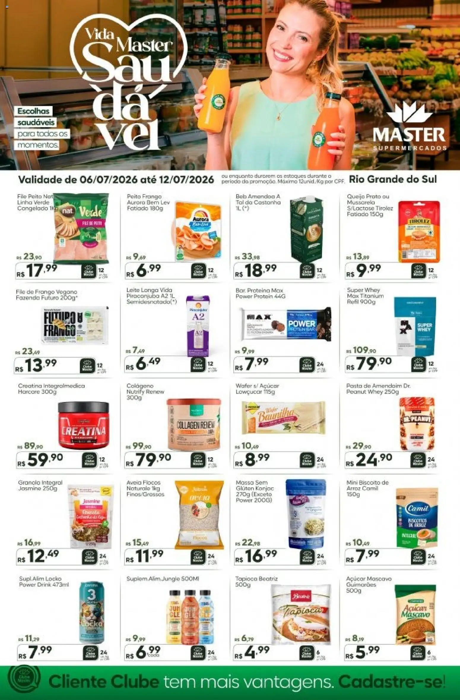 Pré-Visualização do folheto "Master ofertas Saudável" da loja Master válido a partir de 06/07/2026 - Creatina, Leite, Queijo, Frango, Proteína, Baunilha, Açúcar mascavo, Avelã