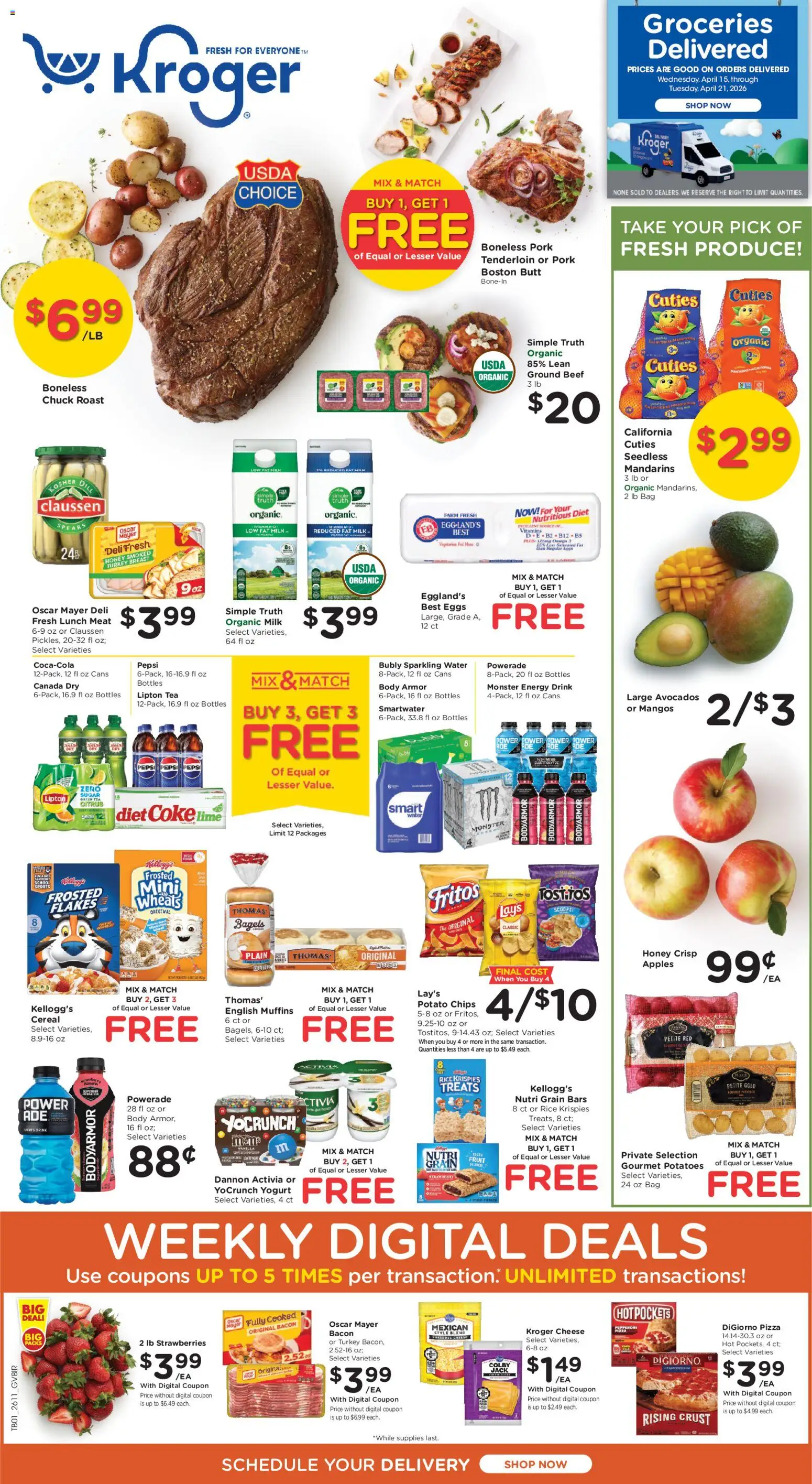 Ad Preview of Kroger Kroger Ad from 04/15/2026 - Groceries, Turkey, Water, Chips, Meat, Bacon, Bag, Potato chips