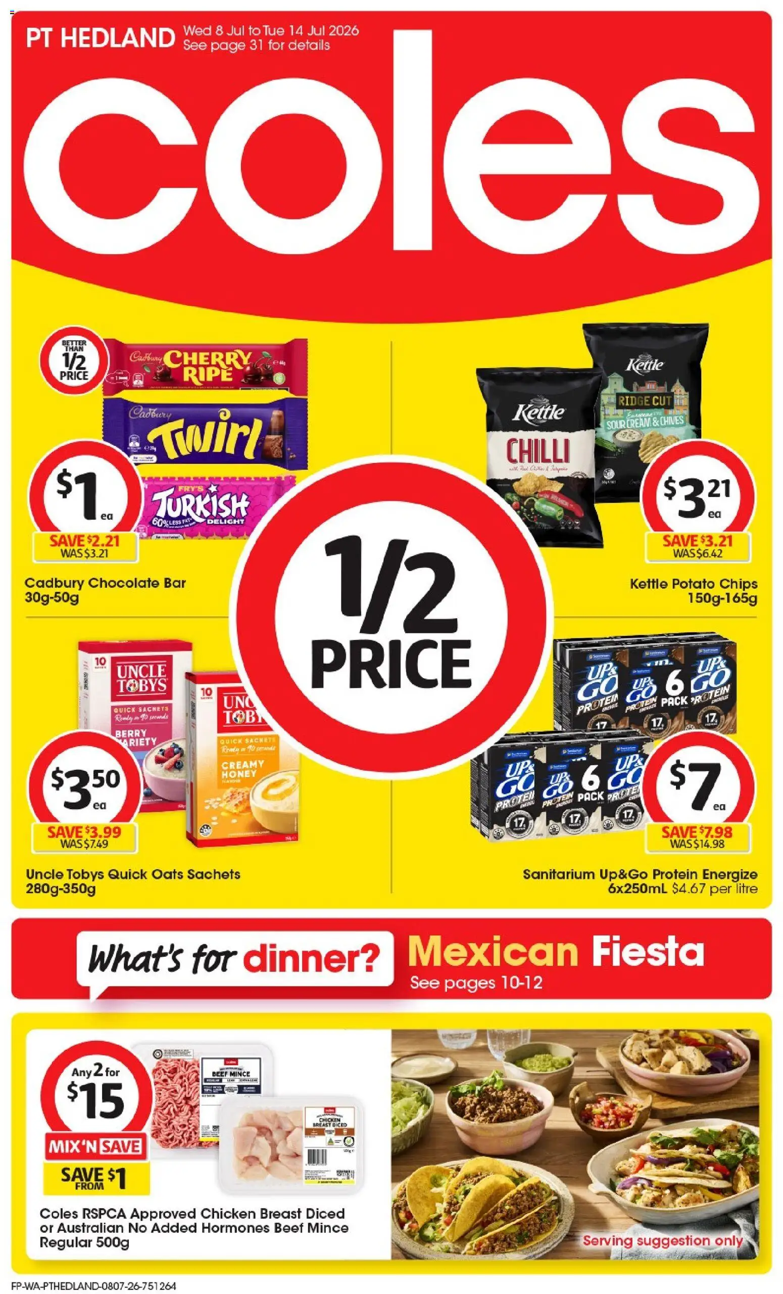 Preview of catalogue Coles catalogue PT Hedland from shop Coles valid 08/07/2026 - Protein, Honey, Chicken, Chicken breast, Sour cream, Chips, Cream, Kettle