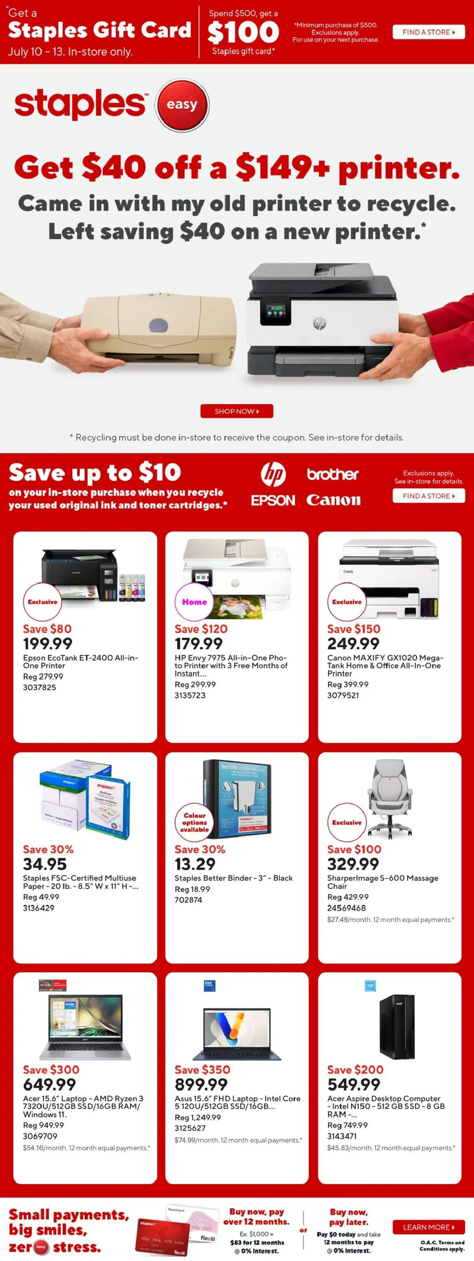 Preview of leaflet Staples weekly flyer / circulaire from shop Staples is valid from Jul 10, 2026 - Laptop, Printer, Computer, Chair, Toner
