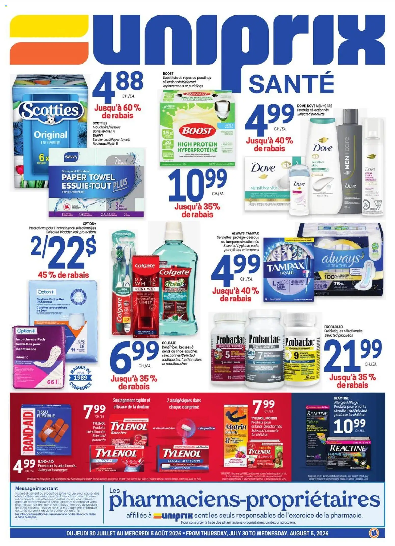 Preview of leaflet Uniprix - Uniprix Sante from shop Uniprix is valid from Jul 30, 2026 - Probiotics, Protein, Tampons, Underwear, Towels, Incontinence pads