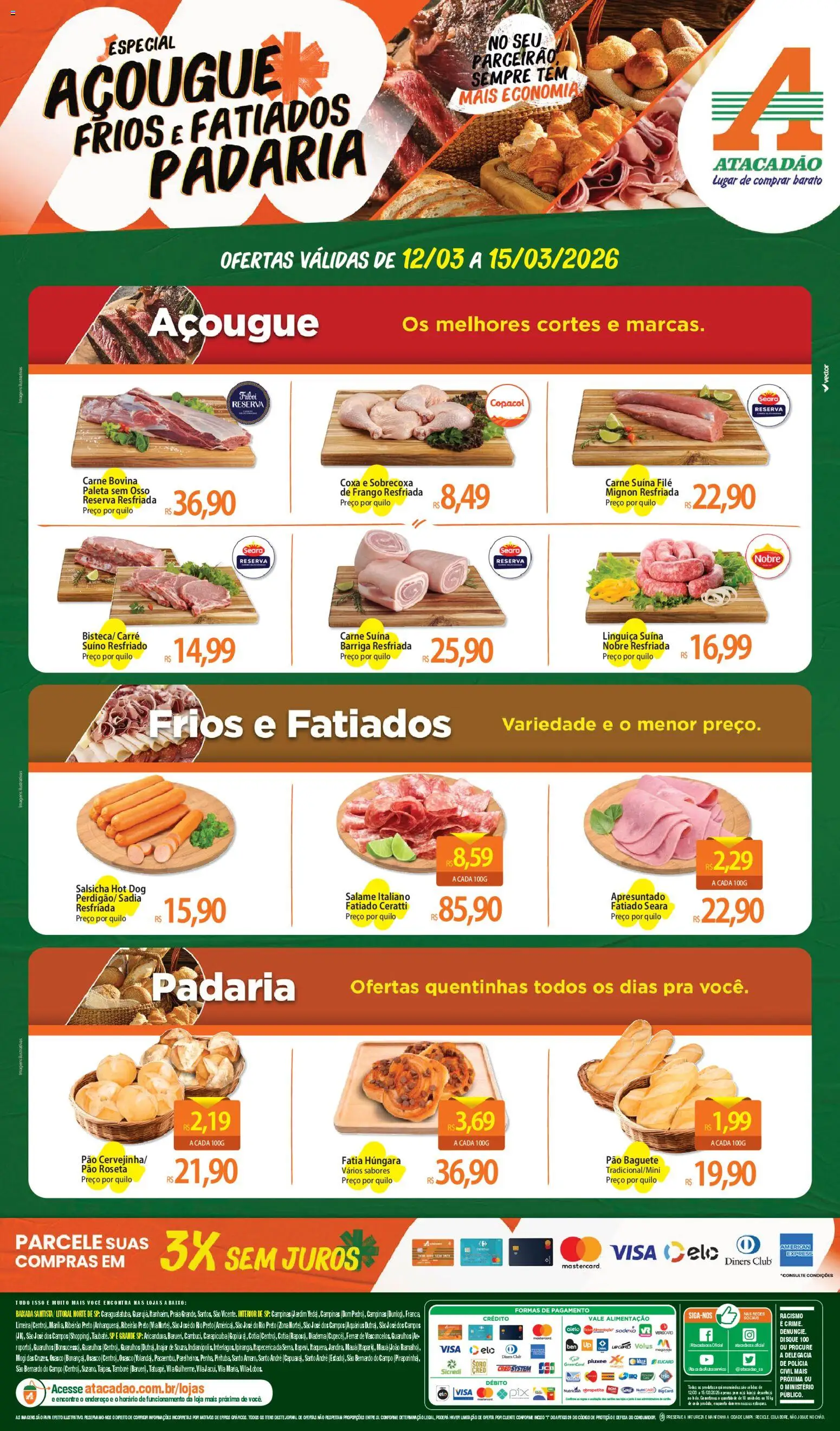 Pré-Visualização do folheto "Atacadão ofertas - SP" da loja Atacadão válido a partir de 12/03/2026 - Pão, Carne, Frango, Salame, Baixo, Linguiça, Carne bovina, Baguete