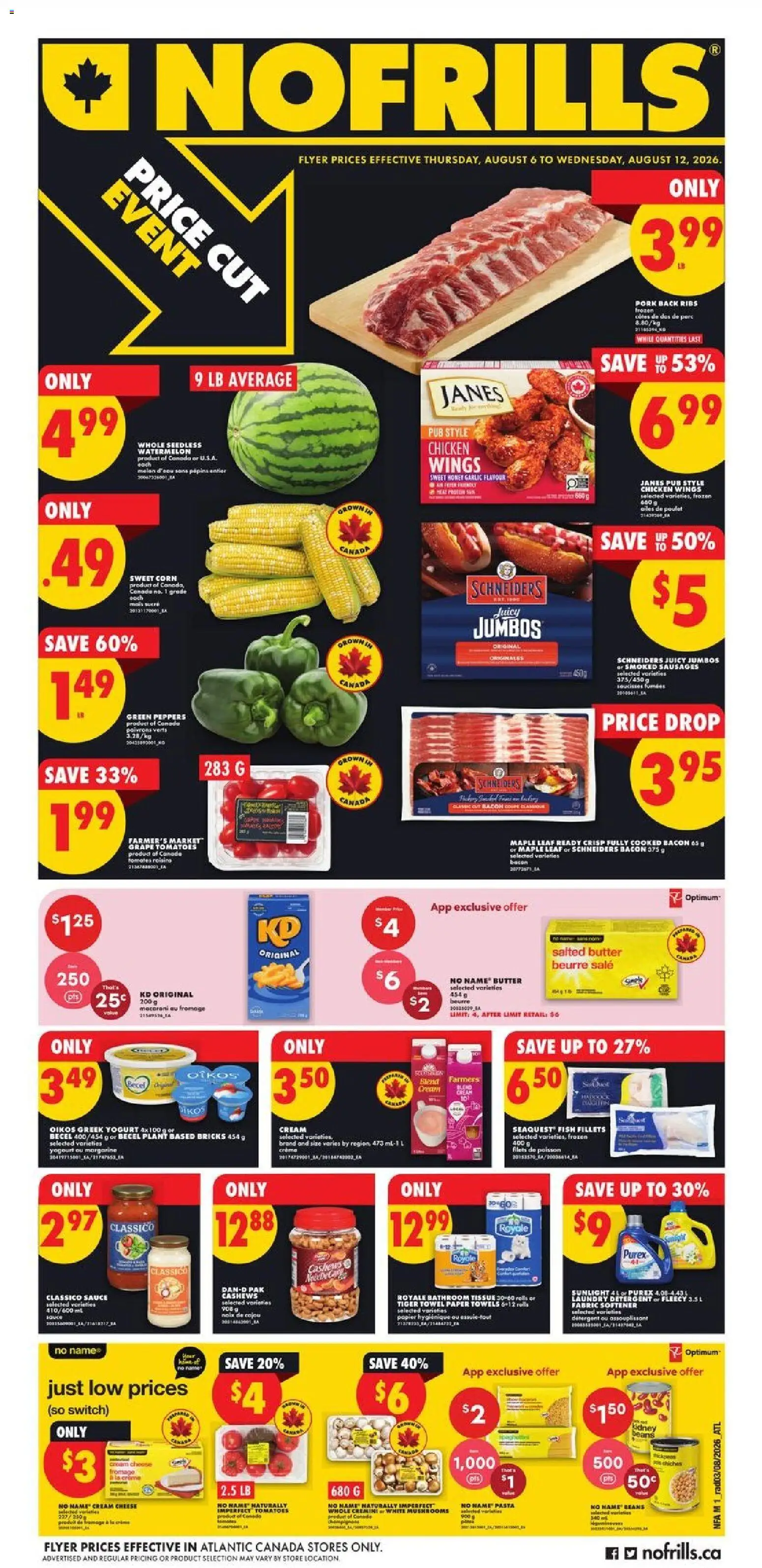 Preview of leaflet No Frills weekly flyer - NS from shop No Frills is valid from Aug 06, 2026 - Fish, Cheese, Chicken wings, Yogurt, Butter, Cream cheese, Towels, Fabric softener