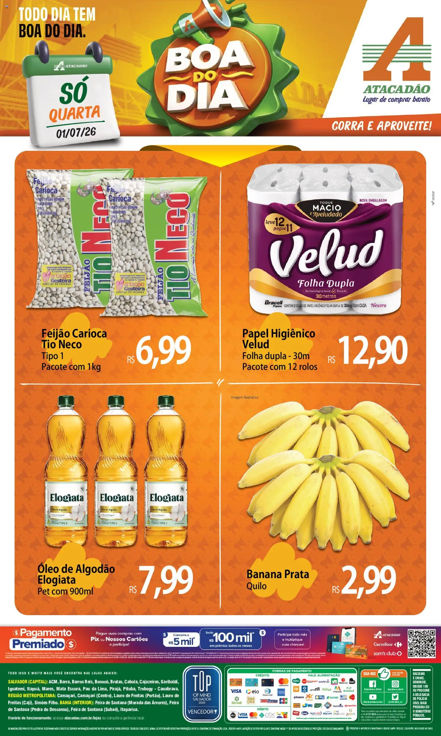 Pré-Visualização do folheto "Atacadão ofertas - BA" da loja Atacadão válido a partir de 01/07/2026 - Óleo, Feijão, Papel higiênico, Algodão