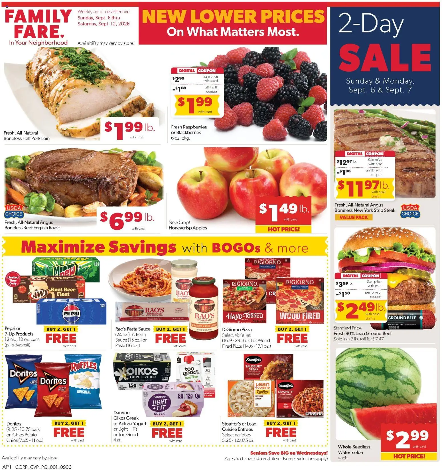 Ad Preview of Family Fare Family Fare Weekly Ad from 09/06/2026 - Pizza, Apples, Spaghetti, Yogurt, Meat, Beef, Ground beef, Vanilla