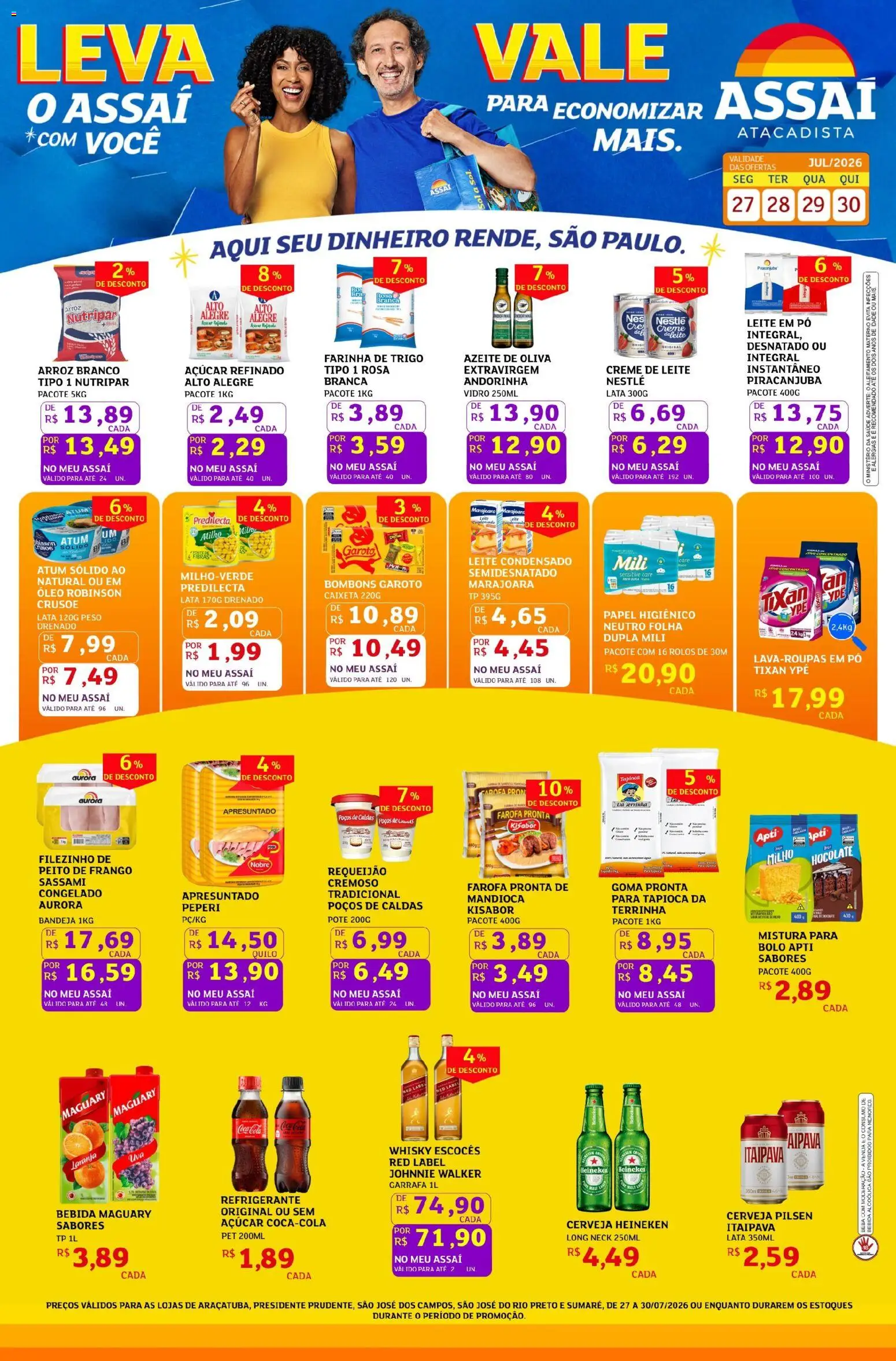 Pré-Visualização do folheto "Assaí Atacadista ofertas - SP" da loja Assaí Atacadista válido a partir de 27/07/2026 - Whisky, Tapioca, Açúcar, Creme, Farofa, Peito de frango, Pó, Bandeja