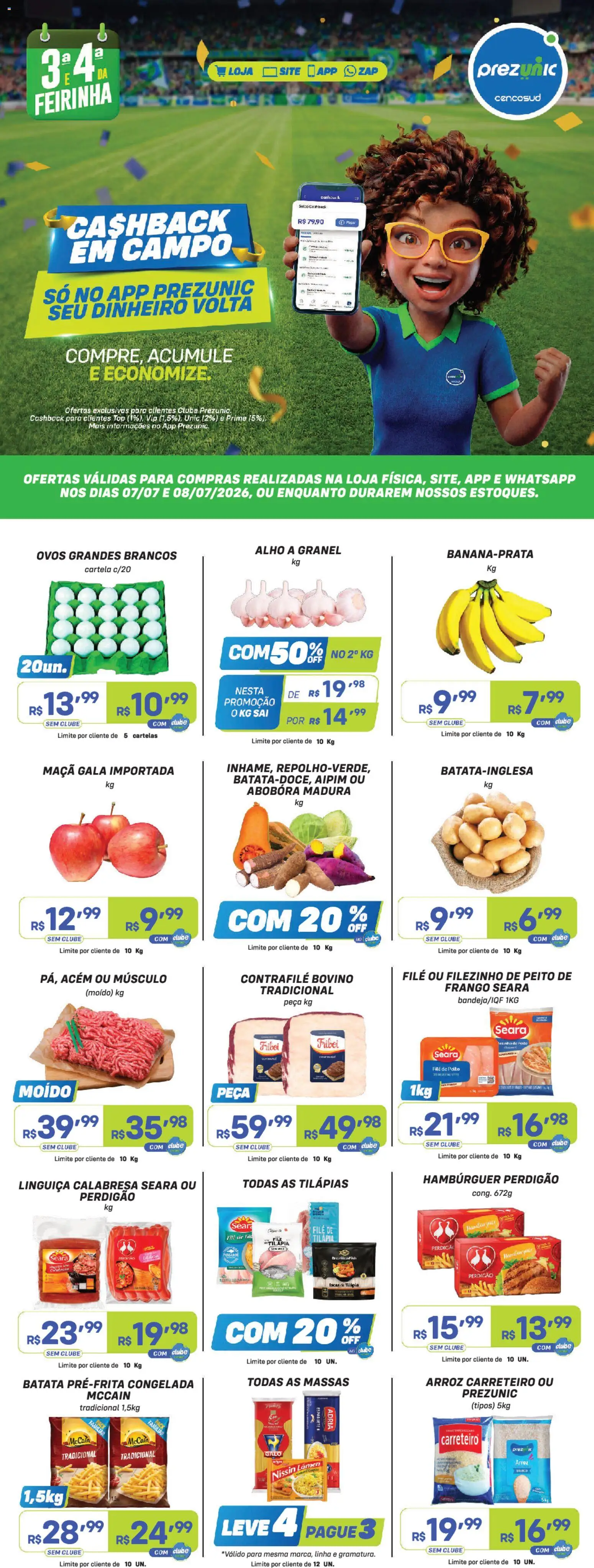 Pré-Visualização do folheto "Prezunic ofertas" da loja Prezunic válido a partir de 07/07/2026 - Hambúrguer, Ovos, Arroz, Batata, Frango, Linguiça, Espaguete, Acém