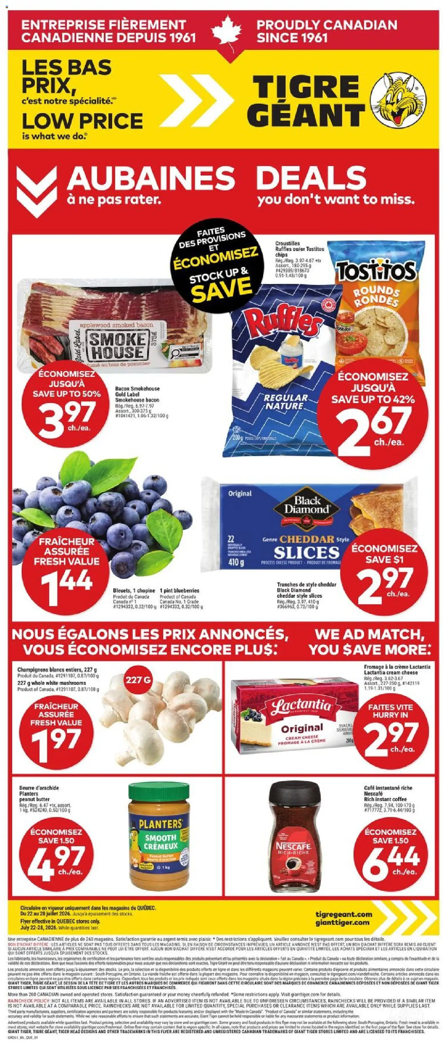 Preview of leaflet Giant Tiger weekly flyer / circulaire from shop Giant Tiger is valid from Jul 22, 2026 - Food, Mushrooms, Chips, Bacon, Cream cheese, Peanut butter, Cream, Cheddar