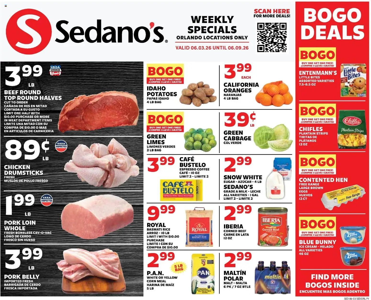 Ad Preview of Sedano's Sedano's Weekly Ad from 06/03/2026 - Coffee, Ice cream, Potatoes, Beef, Cabbage, Bag, Pork loin, Drumsticks