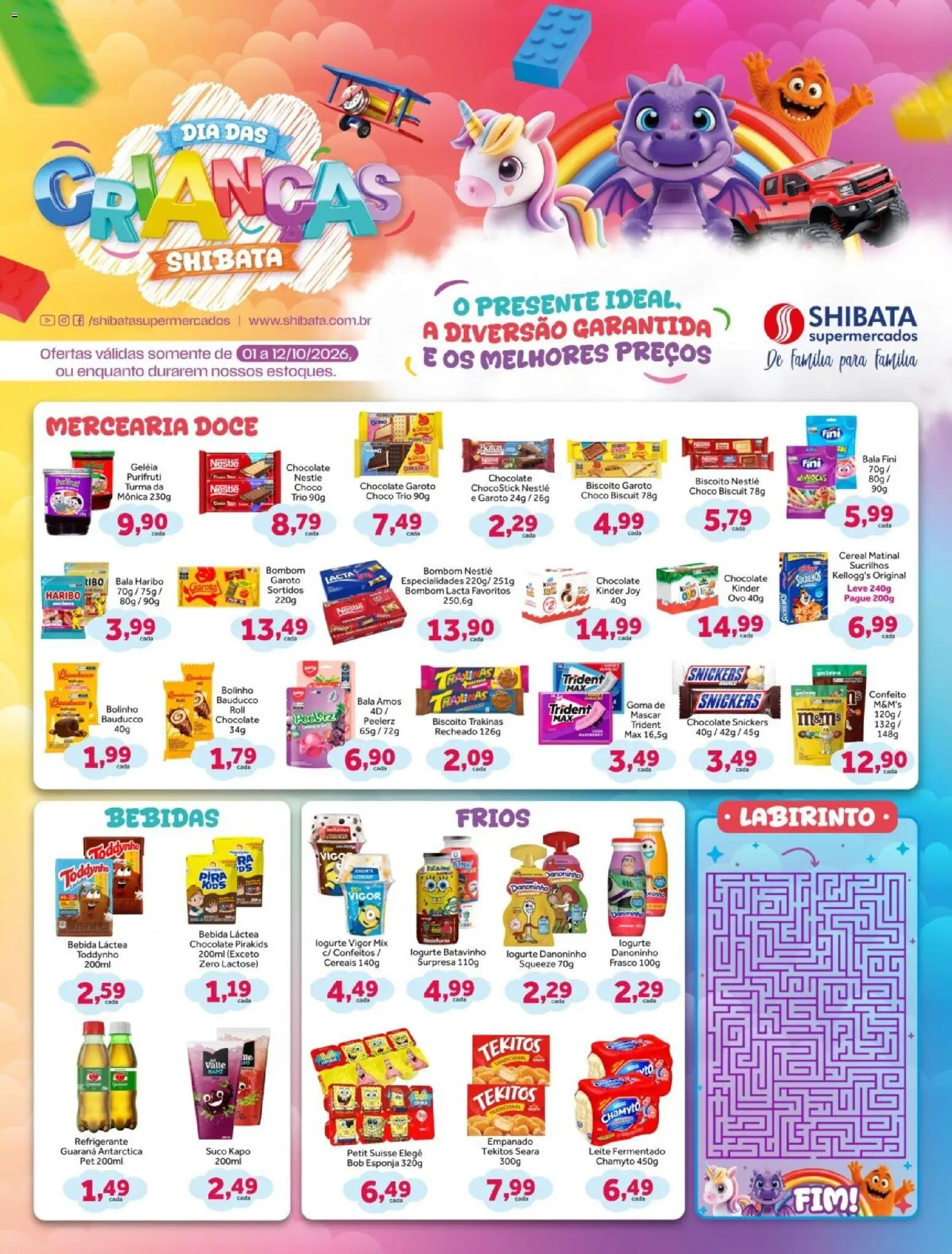 Pré-Visualização do folheto "Shibata ofertas Dia das Crianças" da loja Shibata válido a partir de 01/10/2026 - Chocolate, Bebidas, Suco, Refrigerante, Geleia, Chocolate Snickers, Esponja, Especialidades