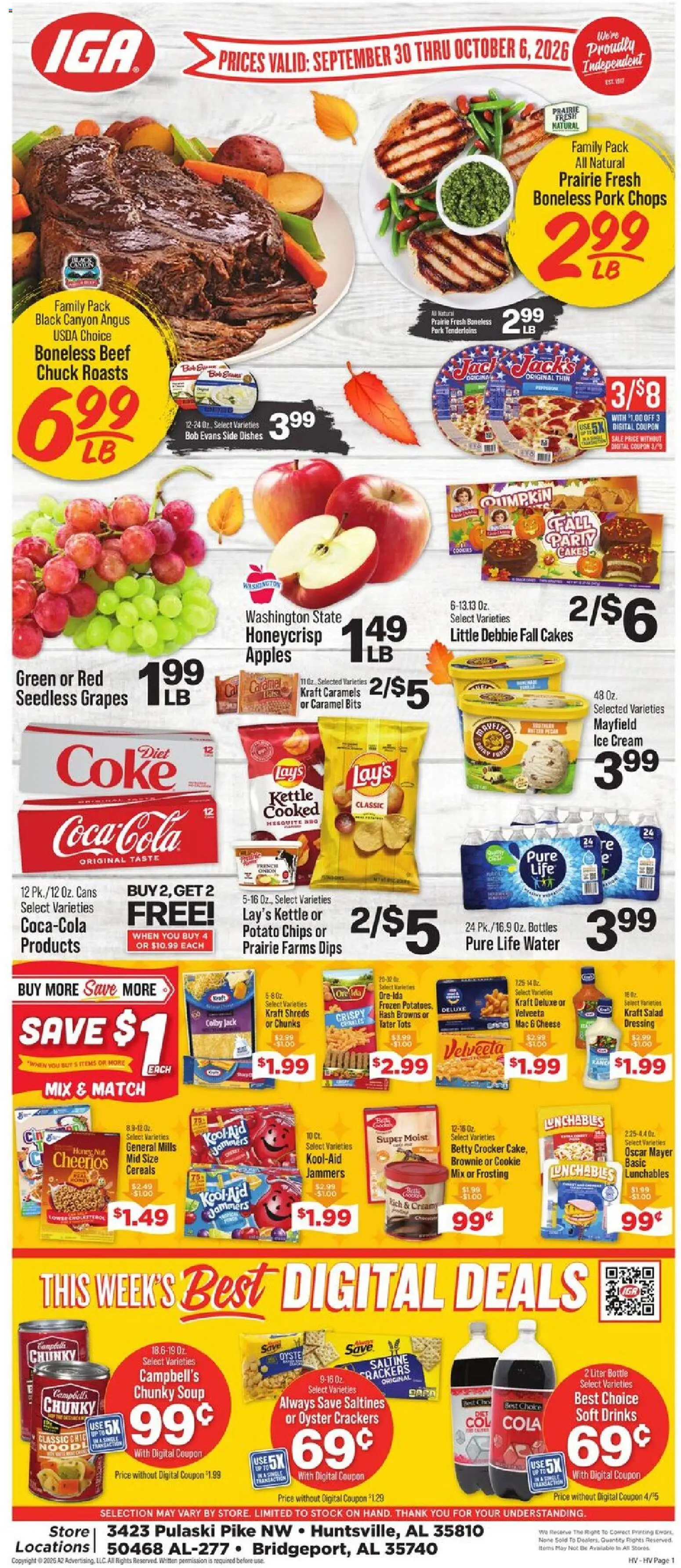 Ad Preview of IGA IGA Weekly Ad from 09/30/2026 - Ice cream, Water, Chips, Cereals, Crackers, Kettle, Beef chuck, Seedless grapes