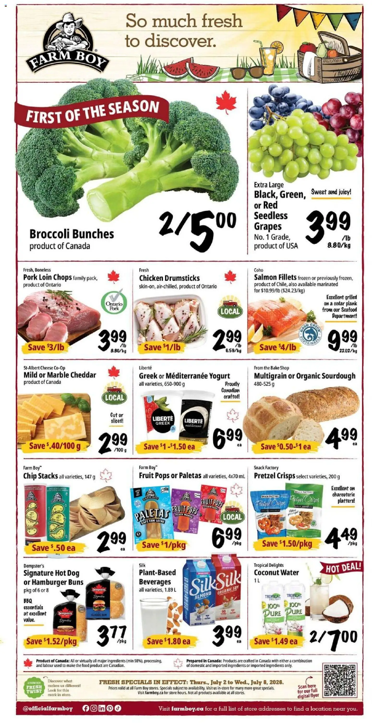 Preview of leaflet Farm Boy weekly flyer / circulaire from shop Farm Boy is valid from Jul 02, 2026 - Food, Chicken, Water, Coconut, Pork, Pork loin, Chicken drumsticks, Crisps