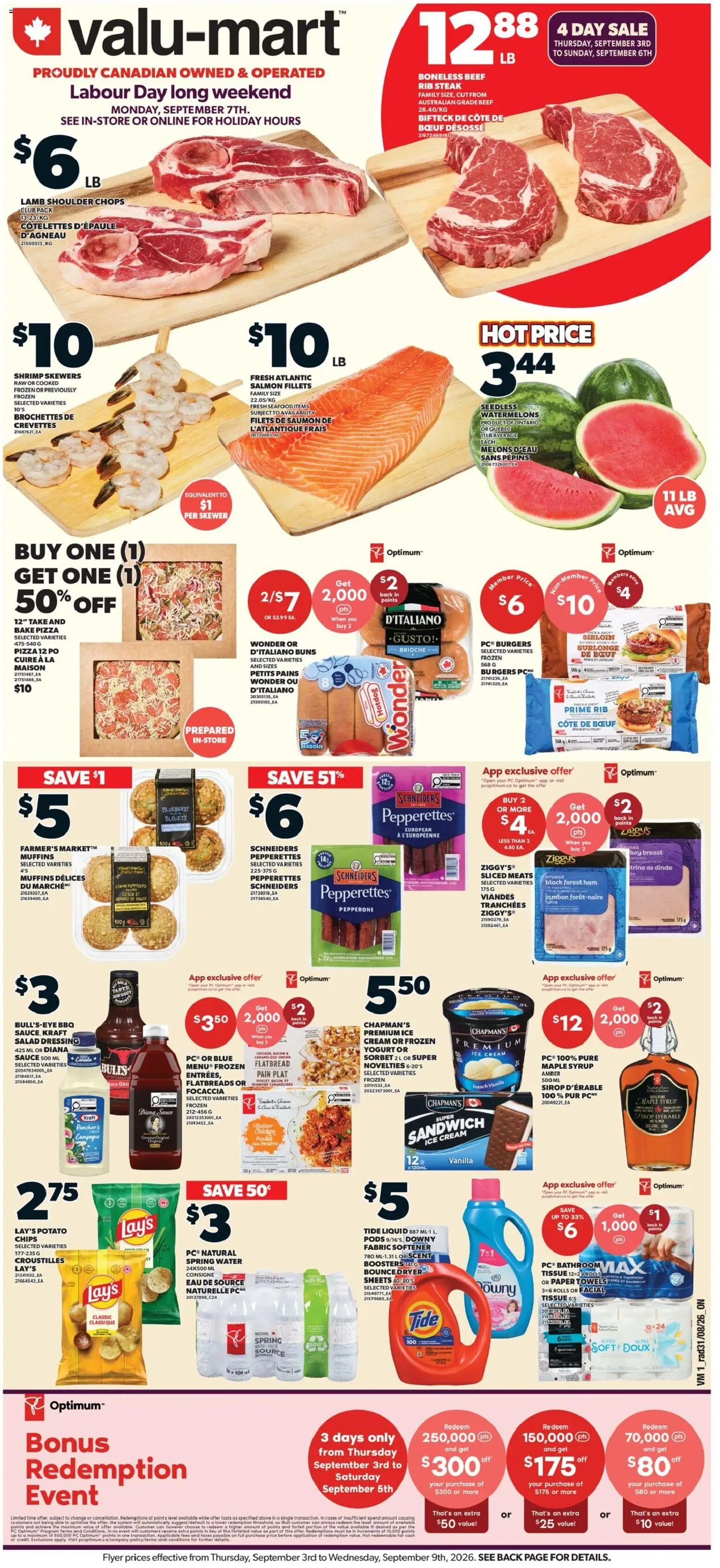 Preview of leaflet Valu Mart weekly flyer from shop Valu Mart is valid from Sep 03, 2026 - PC, Yogurt, Focaccia, Lamb, Muffins, Cream, Paper towels, Syrup