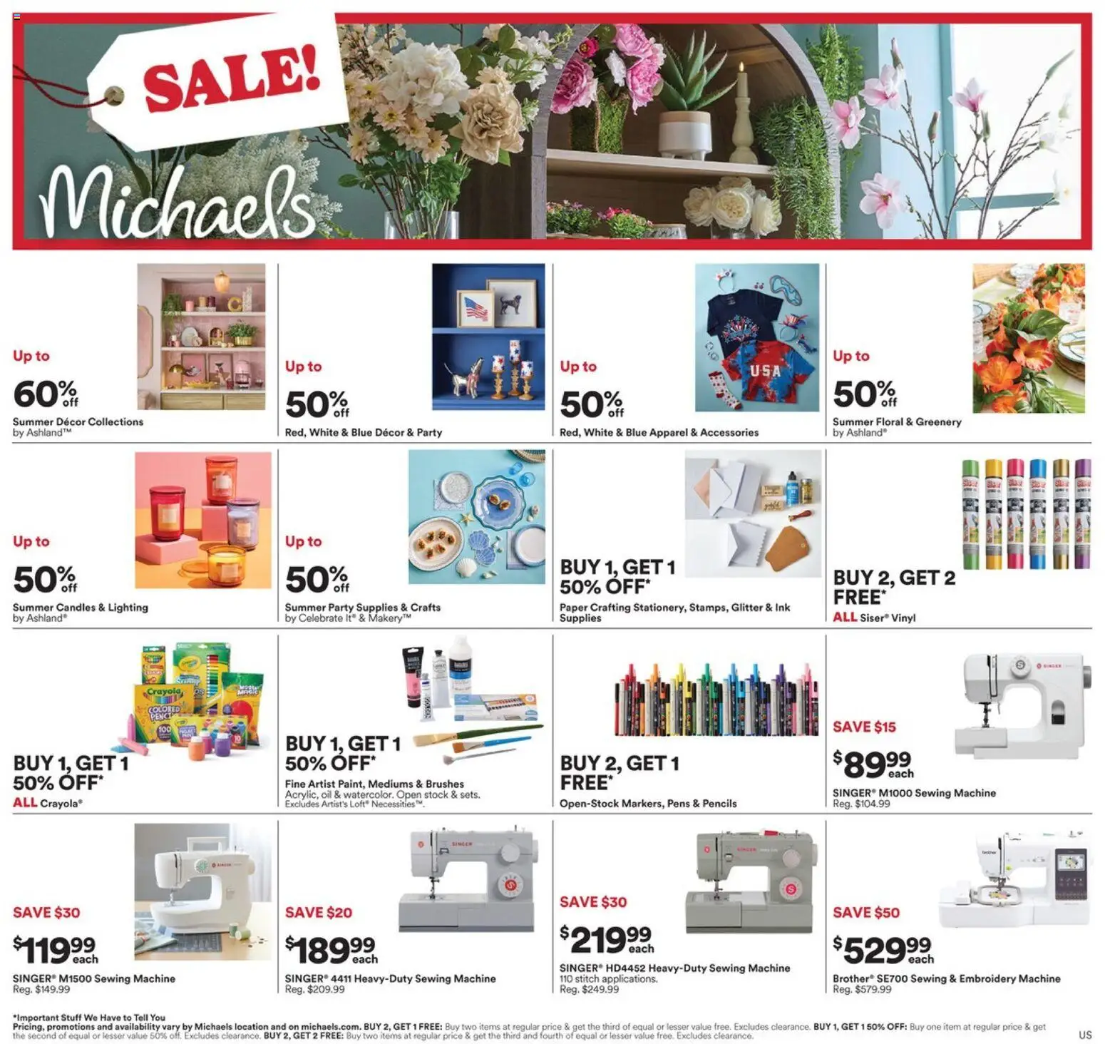 Ad Preview of Michaels Michaels Weekly Ad from 05/31/2026 - Candles, Sewing machine, Oil, Lighting, Ink, Brushes