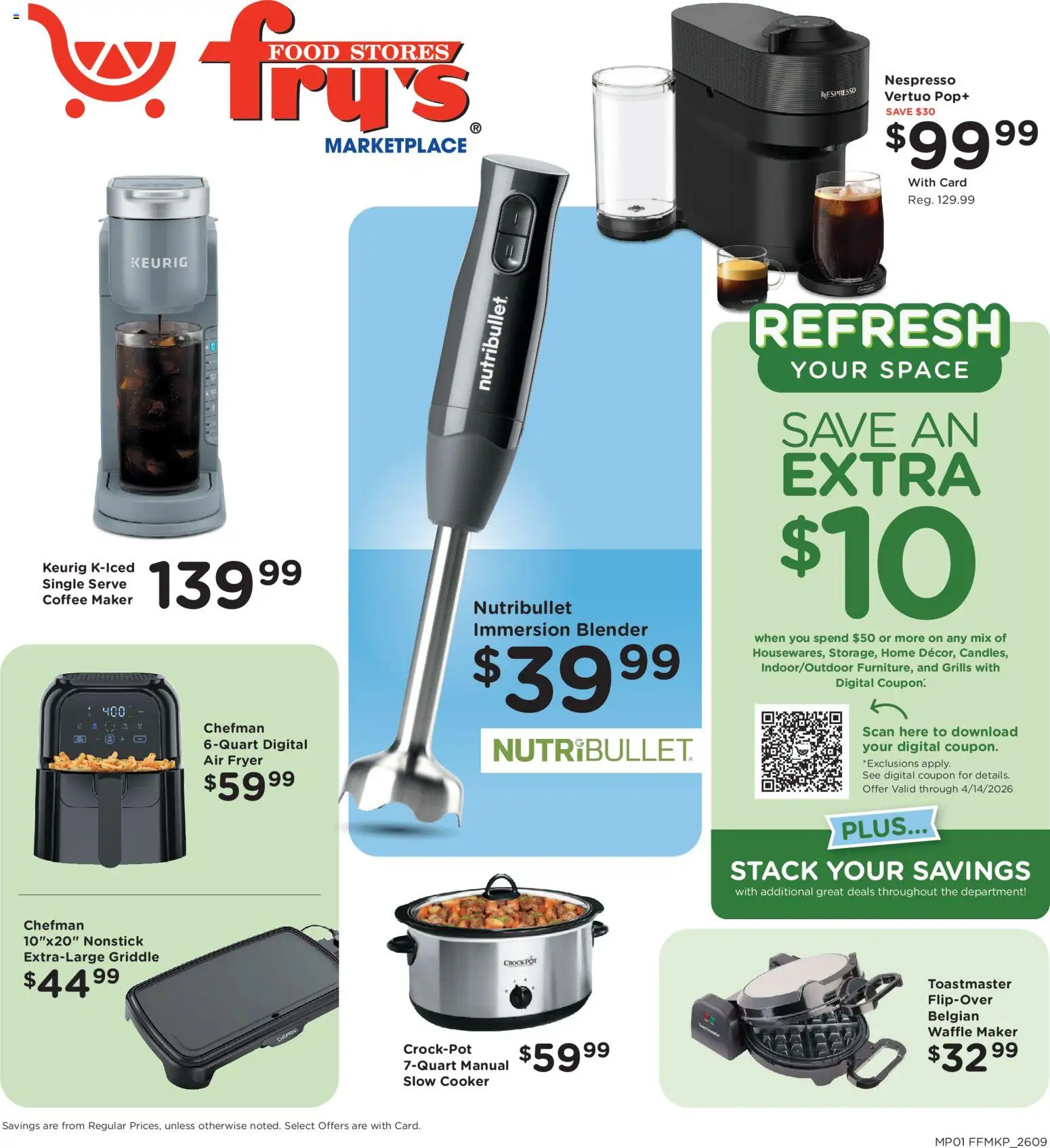 Ad Preview of Fry's Food Fry's Food Home & Apparel from 04/01/2026 - Coffee, Blender, Air fryer, Griddle, Waffle Maker, Slow cooker, Fryer, Cooker