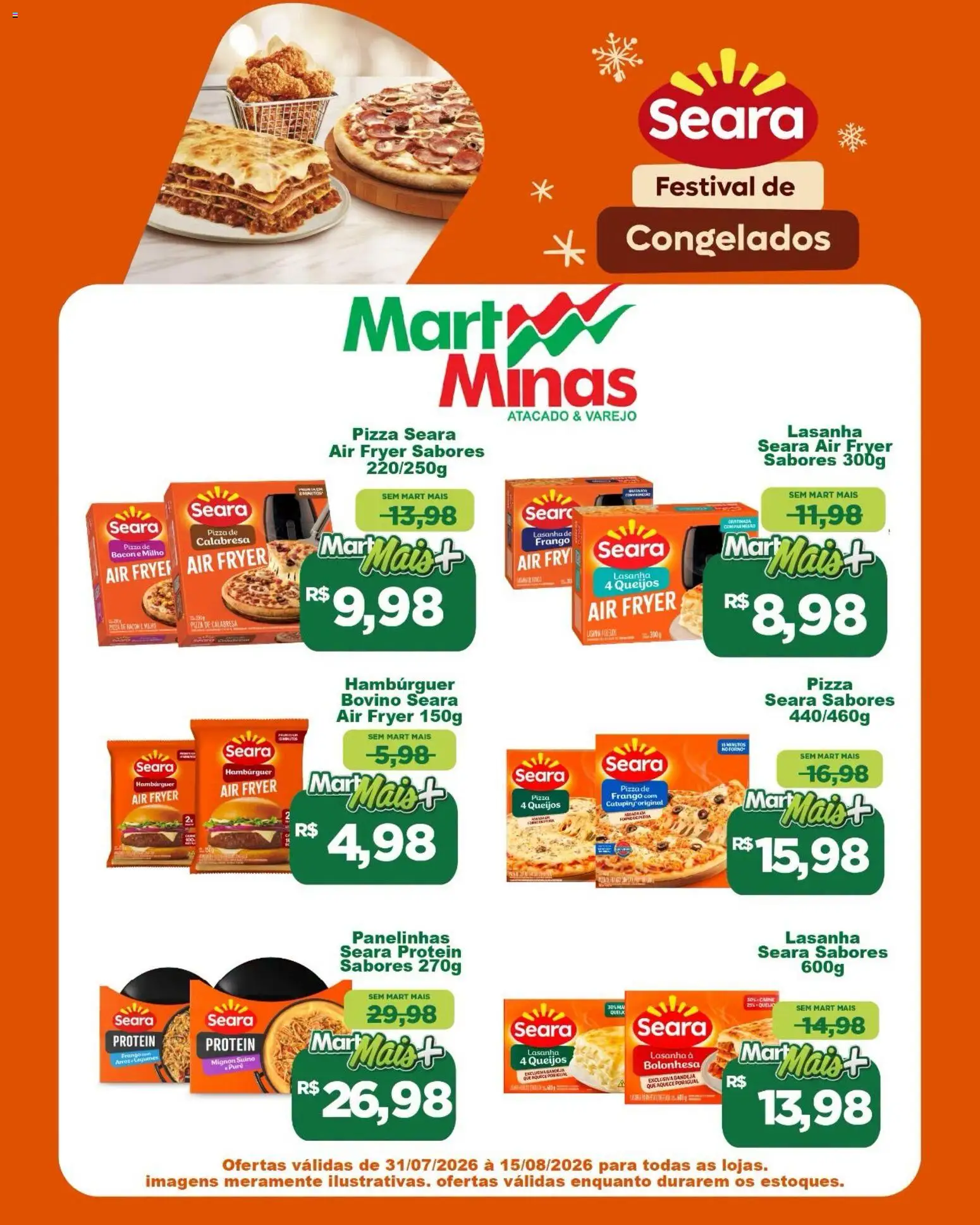Pré-Visualização do folheto "Mart Minas ofertas Seara" da loja Mart Minas válido a partir de 31/07/2026 - Air fryer, Pizza, Hambúrguer, Lasanha, Catupiry, Frango, Legumes, Milho