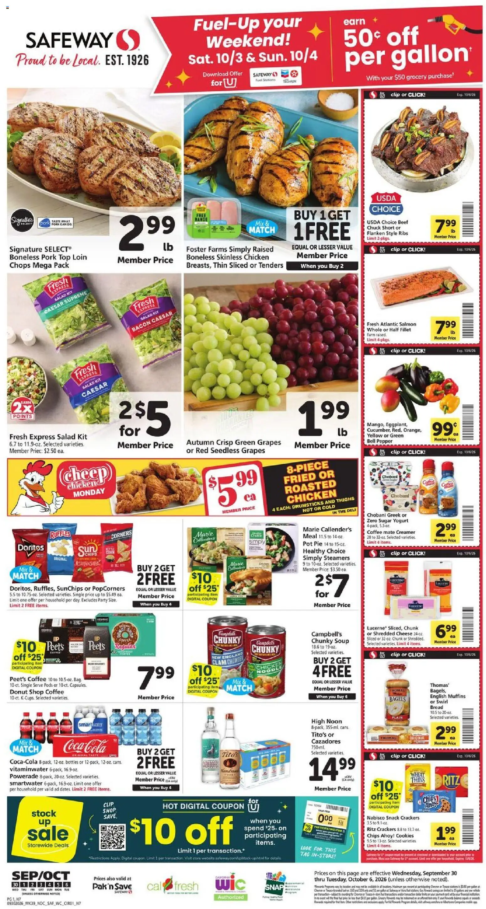 Ad Preview of Safeway Safeway Weekly Ad from 09/30/2026 - Water, Salad, Cheese, Bacon, Grapes, Pork, Clip, Chicken