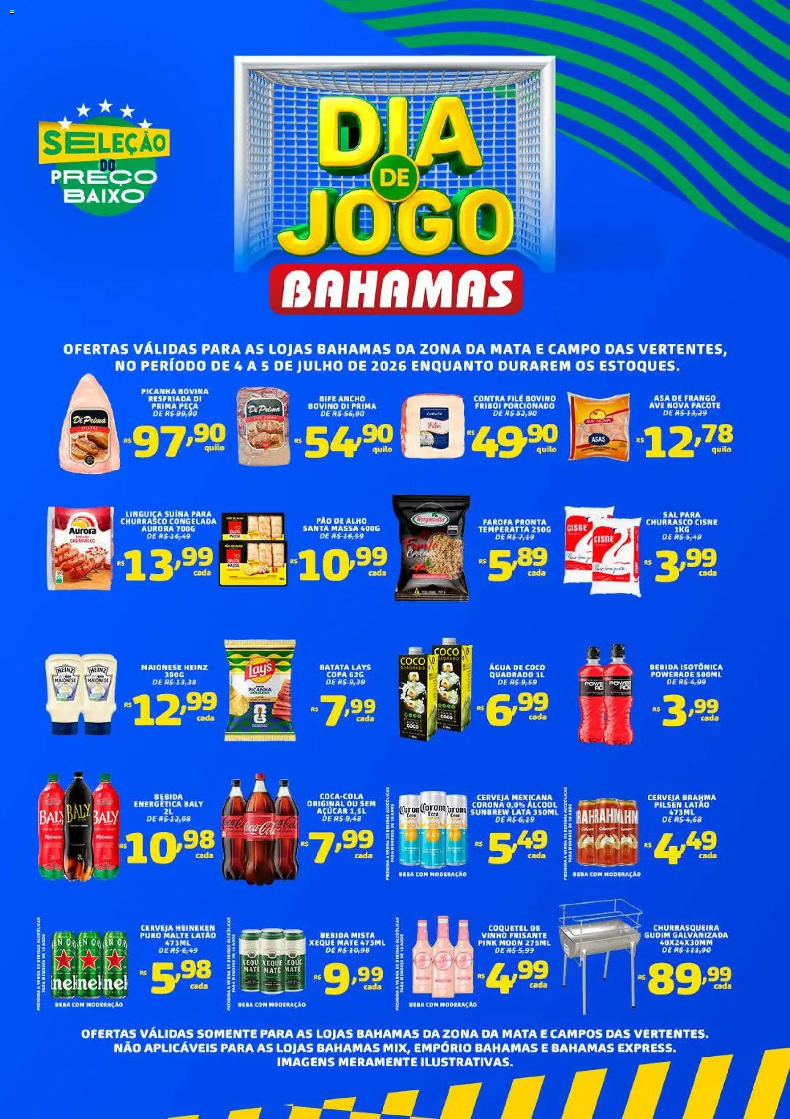 Pré-Visualização do folheto "Bahamas Supermercados ofertas Dia de Jogo" da loja Bahamas Supermercados válido a partir de 04/07/2026 - Coco, Água, Picanha, Massa, Pao de alho, Baixo, Cera, Contra filé