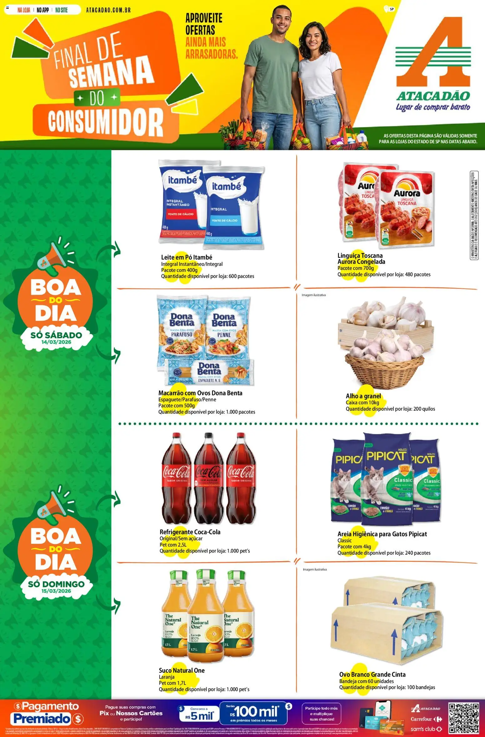 Pré-Visualização do folheto "Atacadão ofertas - SP" da loja Atacadão válido a partir de 14/03/2026 - Caixa, Açúcar, Areia, Cola, Linguiça, Alho, Espaguete, Cálcio