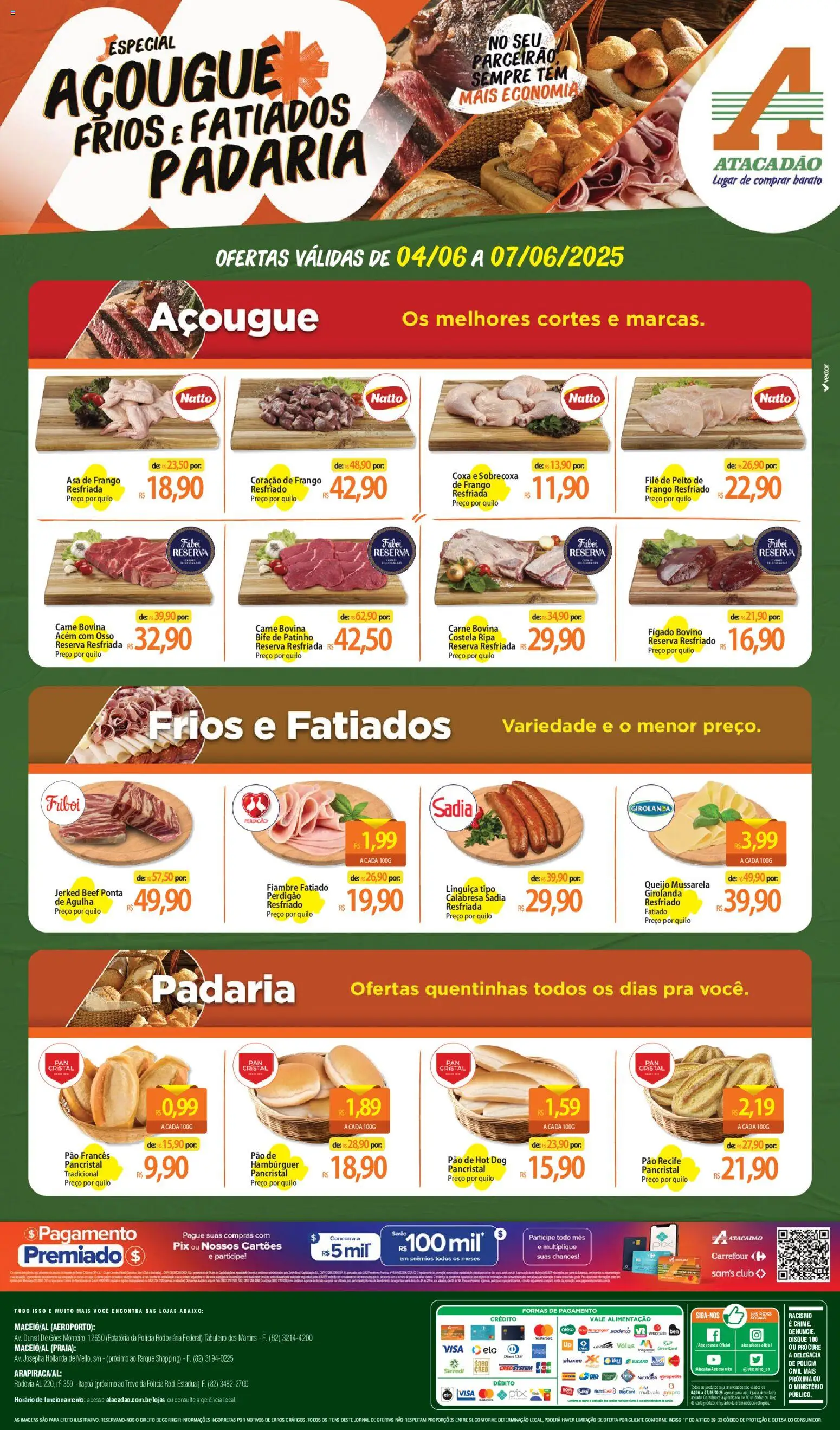 Pré-Visualização do folheto "Atacadão ofertas - AL" da loja Atacadão válido a partir de 04/06/2026 - Hambúrguer, Pão, Queijo, Carne, Linguiça, Pão francês, Asa de frango, Acém