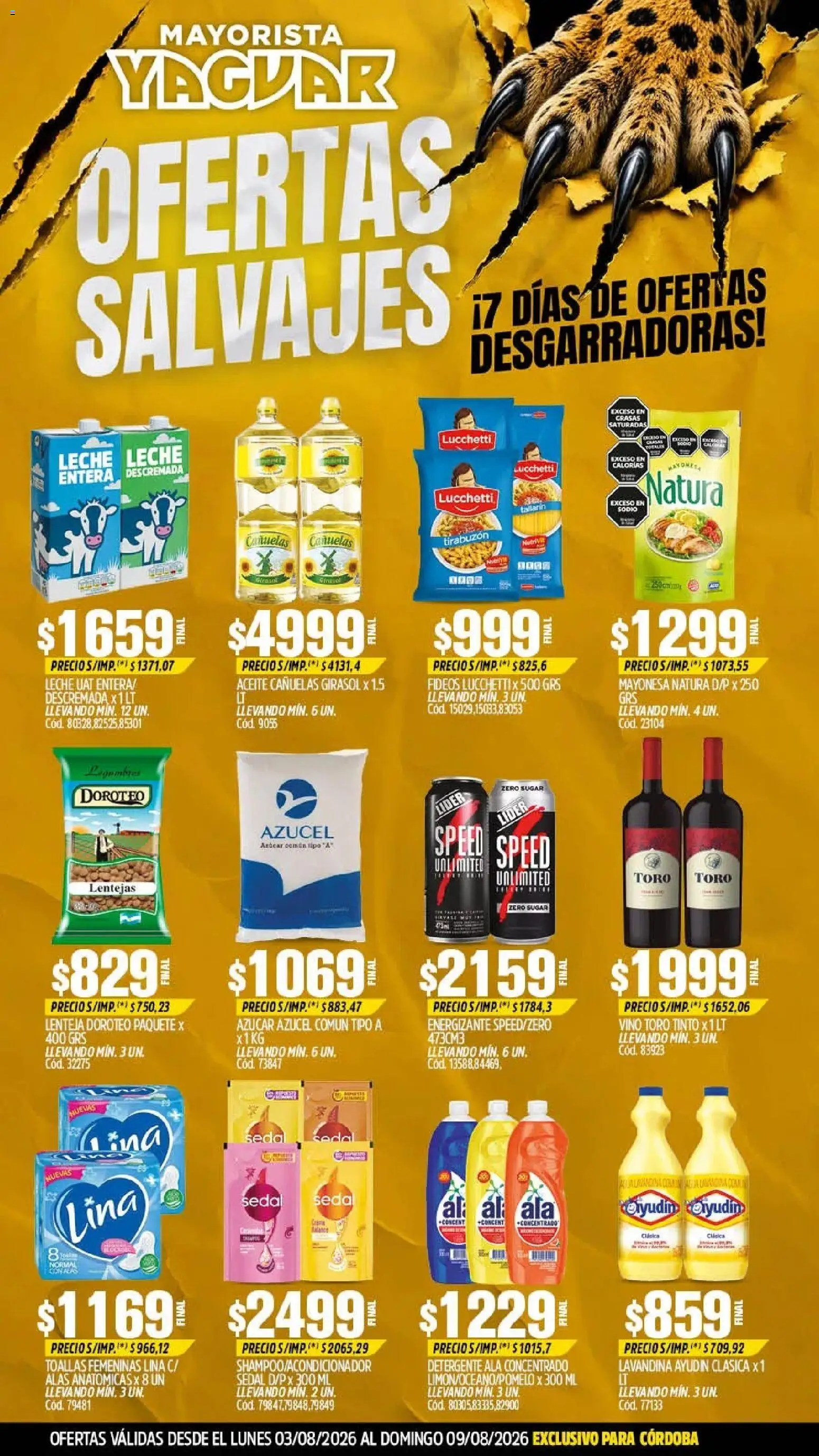 Vista previa del folleto de la tienda Yaguar válido desde el 03/08/2026 - Aceite, Fideos, Lentejas, Lavandina, Toallas, Mayonesa, Detergente, Soda